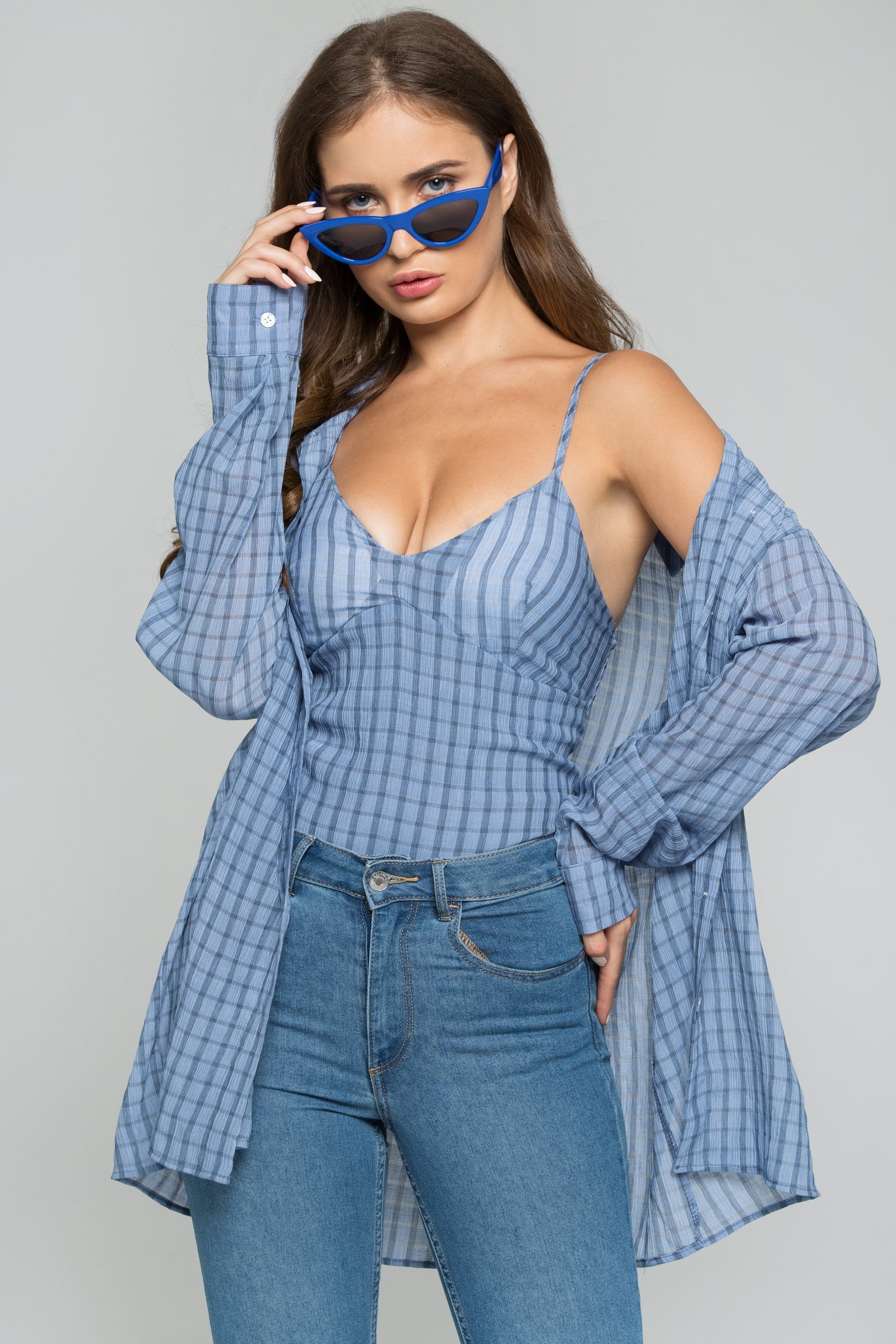 Blue Crepe Gingham Bustier Long Sleeve 2-piece Shirt