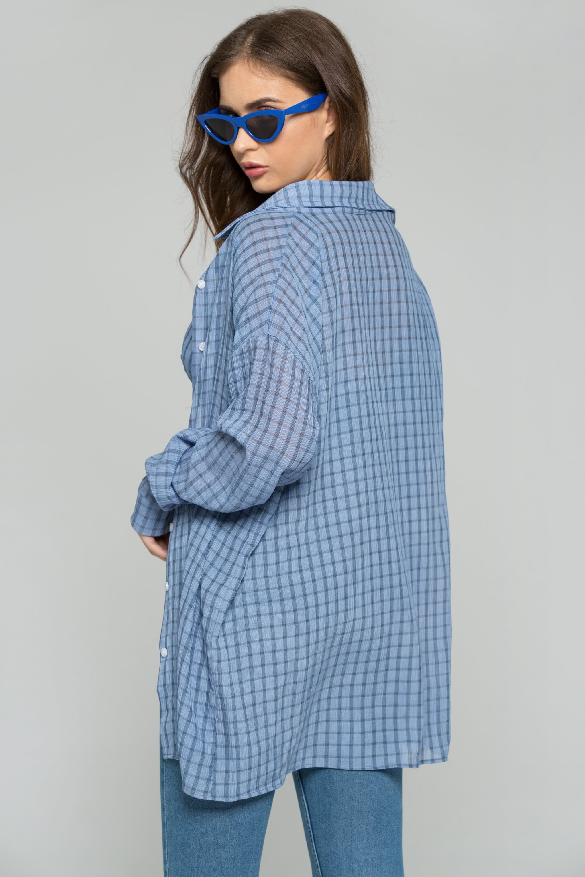 Blue Crepe Gingham Bustier Long Sleeve 2-piece Shirt
