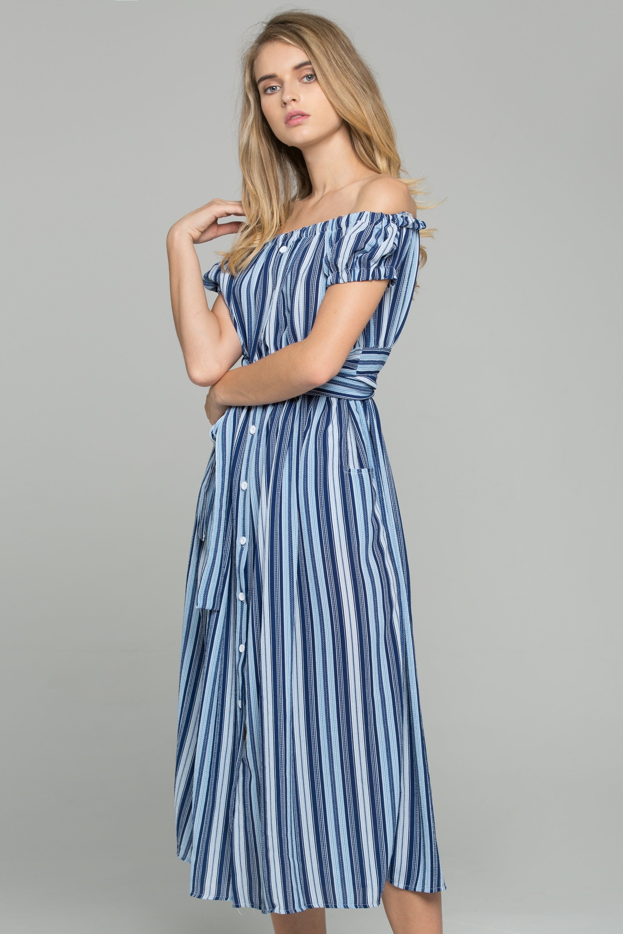 Blue Crepe Stripe Print Off-The-Shoulder Maxi Dress
