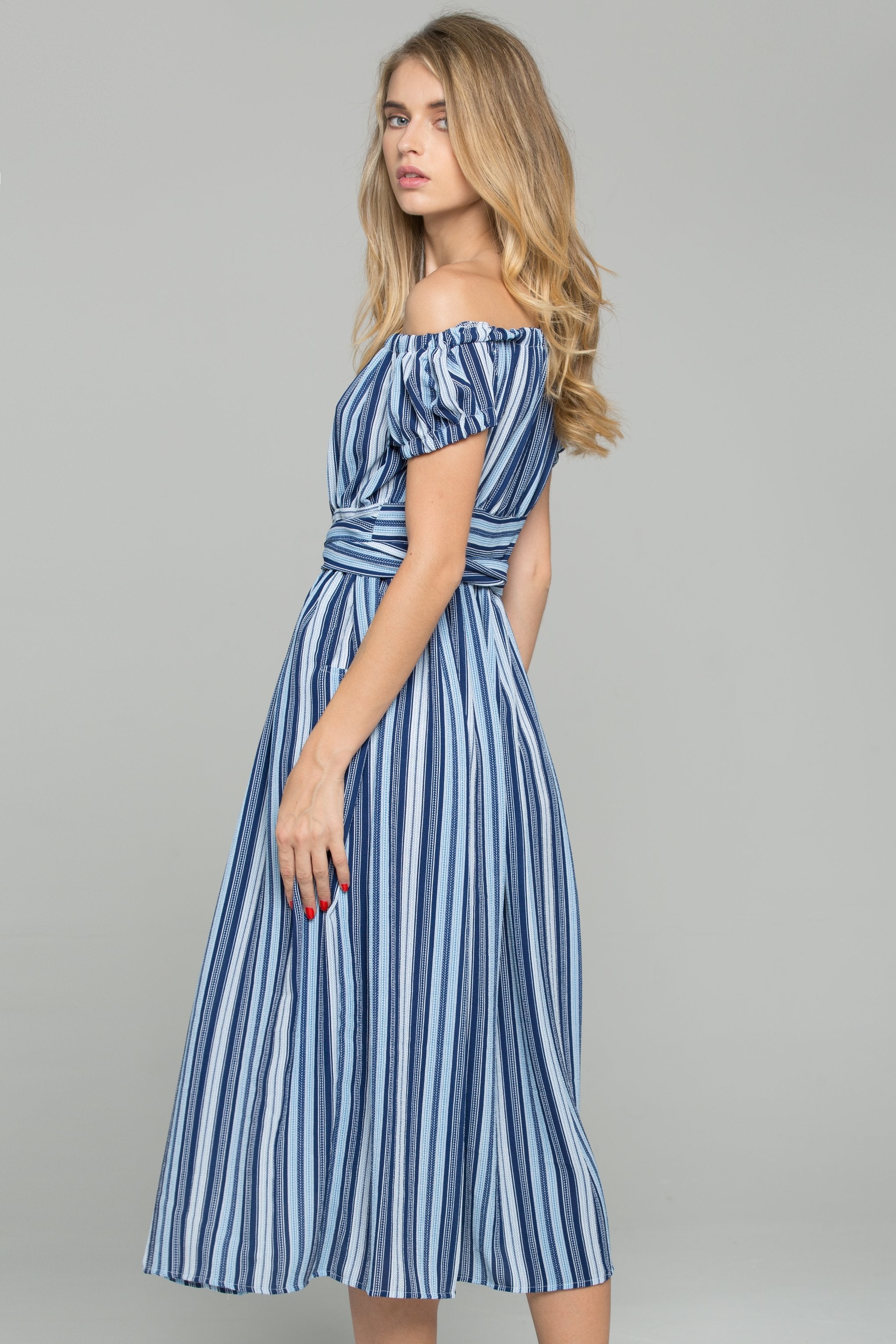 Blue Crepe Stripe Print Off-The-Shoulder Maxi Dress