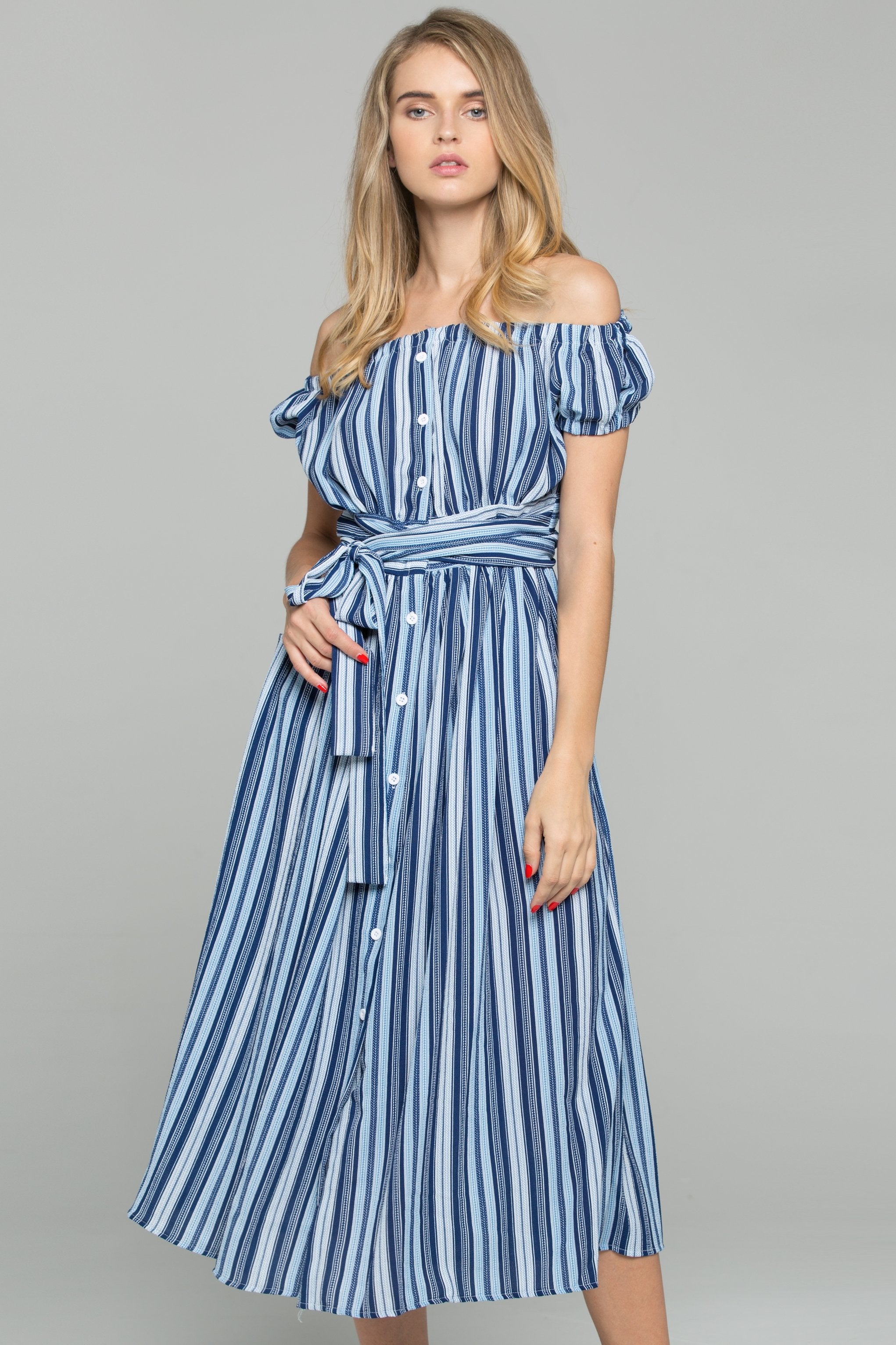 Blue Crepe Stripe Print Off-The-Shoulder Maxi Dress