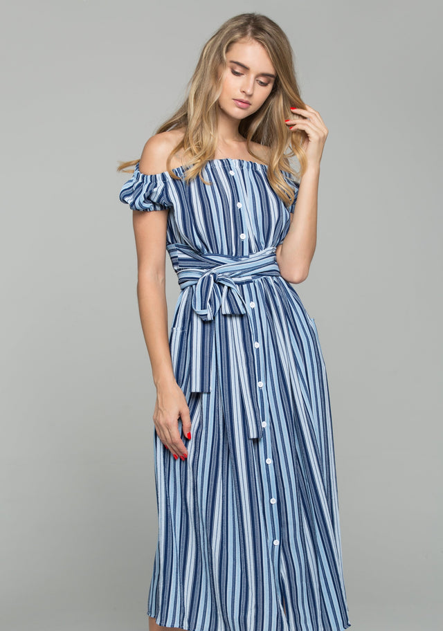 Blue Crepe Stripe Print Off-The-Shoulder Maxi Dress