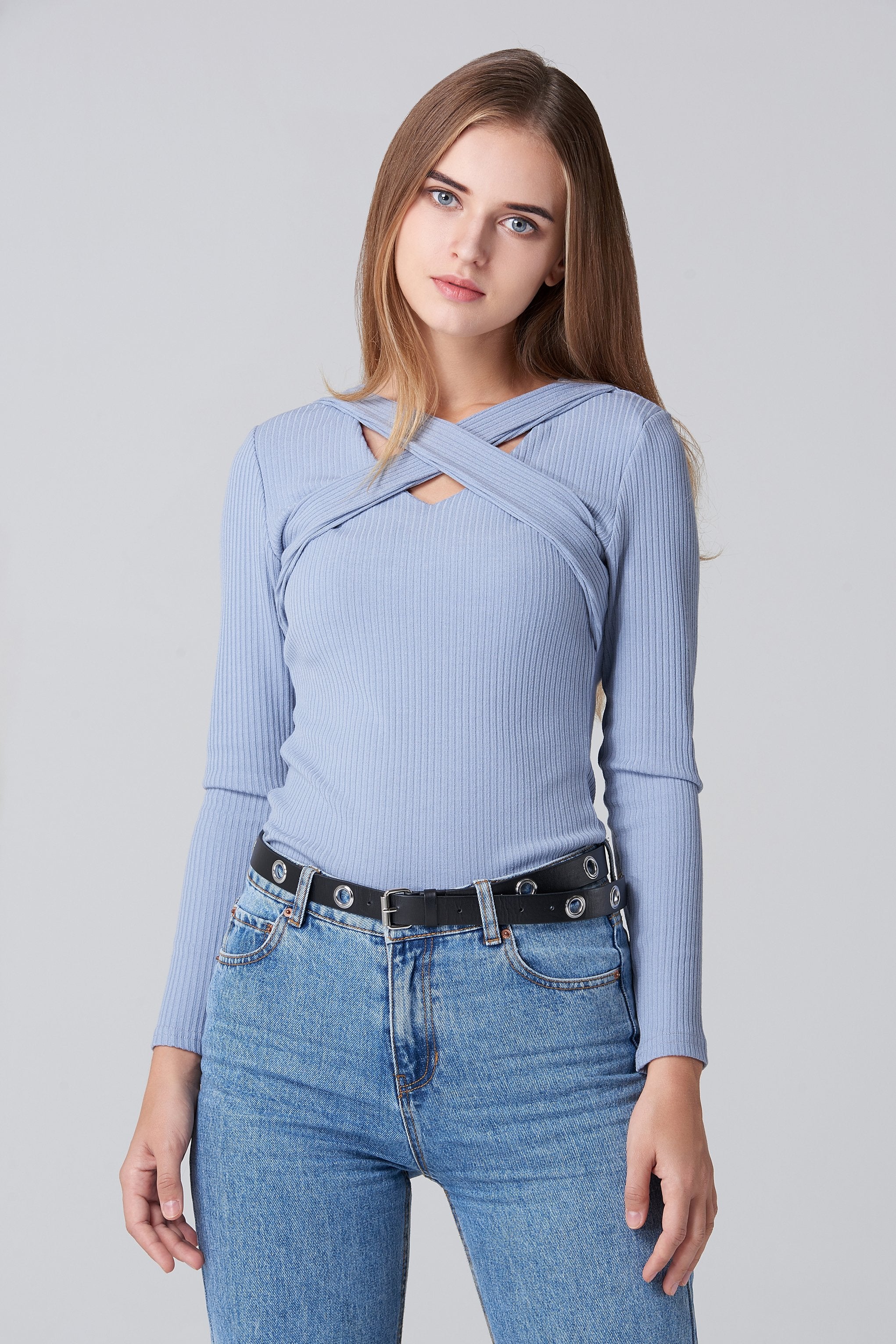 Blue Cross Body Sleeved Top