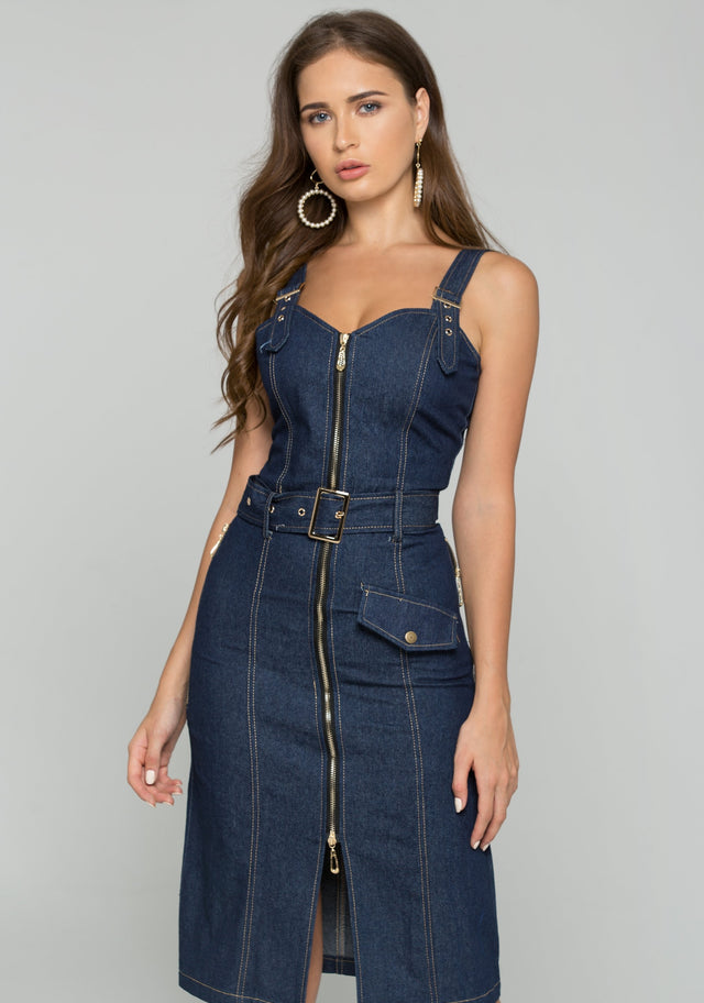 Blue Denim Belt Strap Front Zipper Sundress