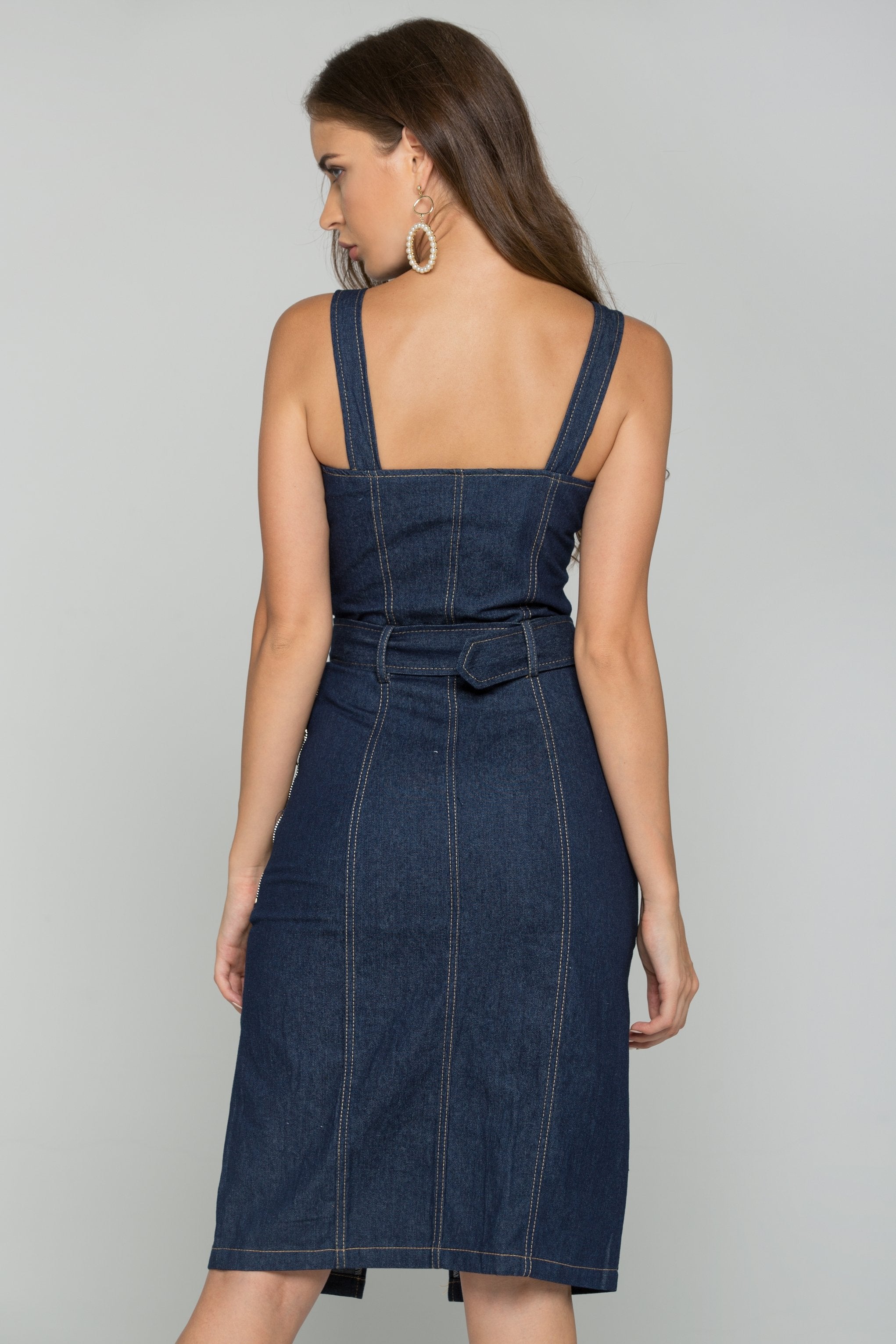 Blue Denim Belt Strap Front Zipper Sundress