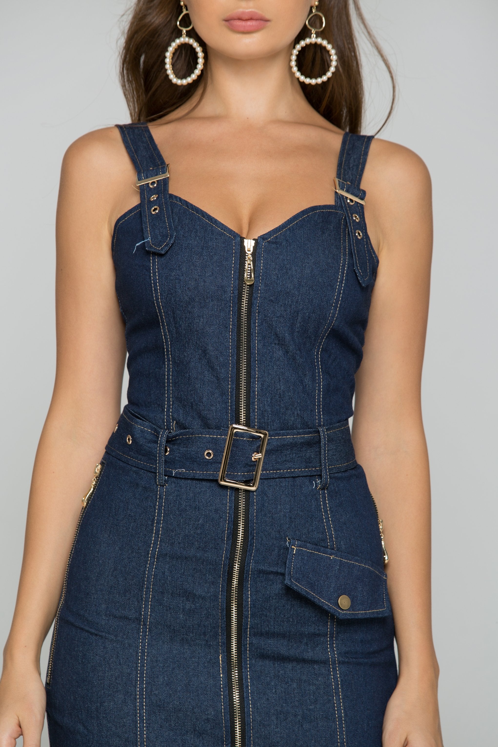 Blue Denim Belt Strap Front Zipper Sundress