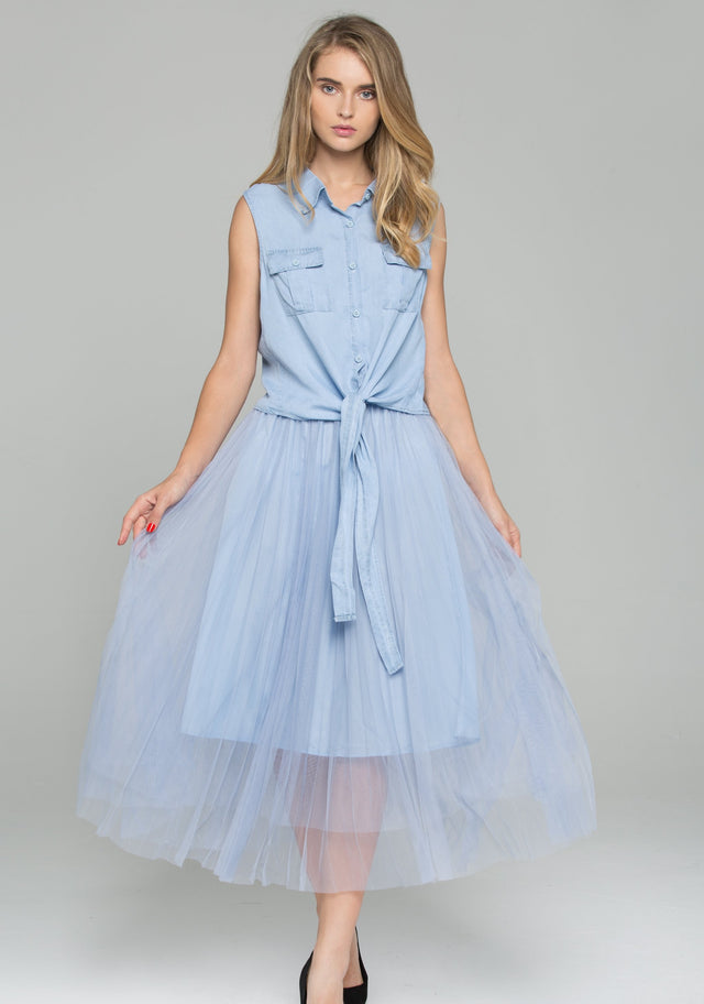 Blue Denim Front Tie Mesh Double Layer Pleated Midi Set