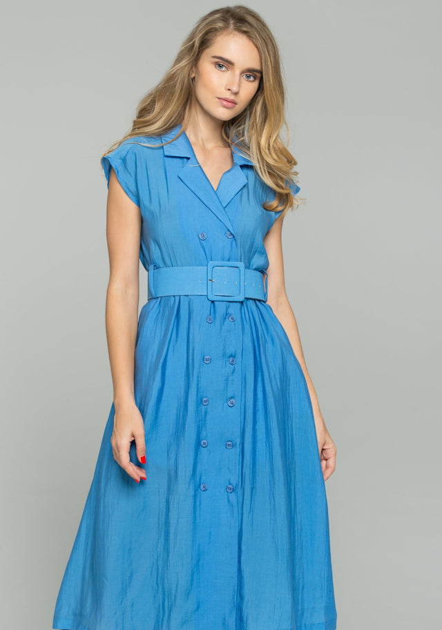 Blue Double Buttoned-Down Belted Shirt Dress