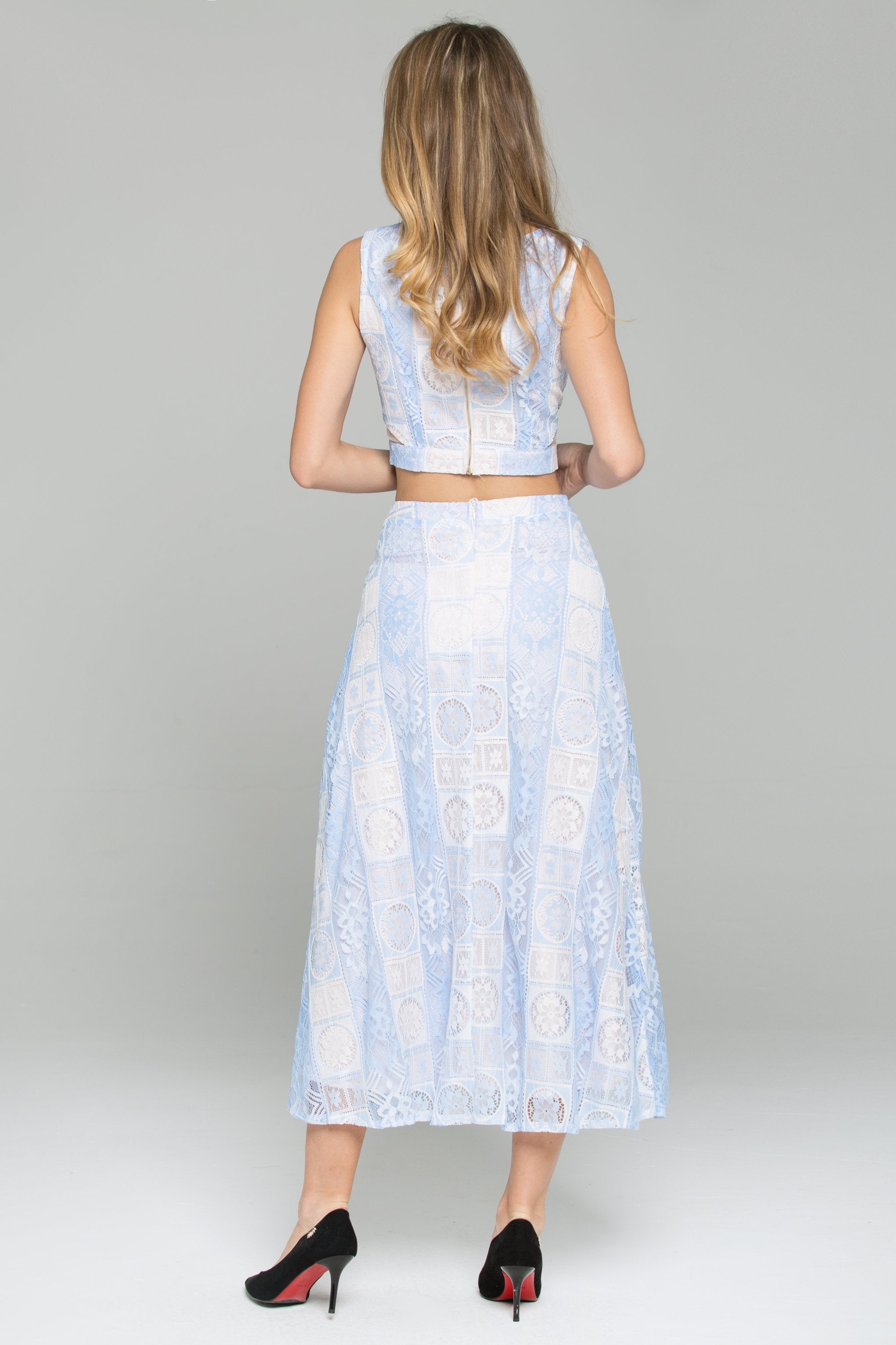Blue Double Layered Lace Sleeveless Crop Top and A-Line Skirt Set