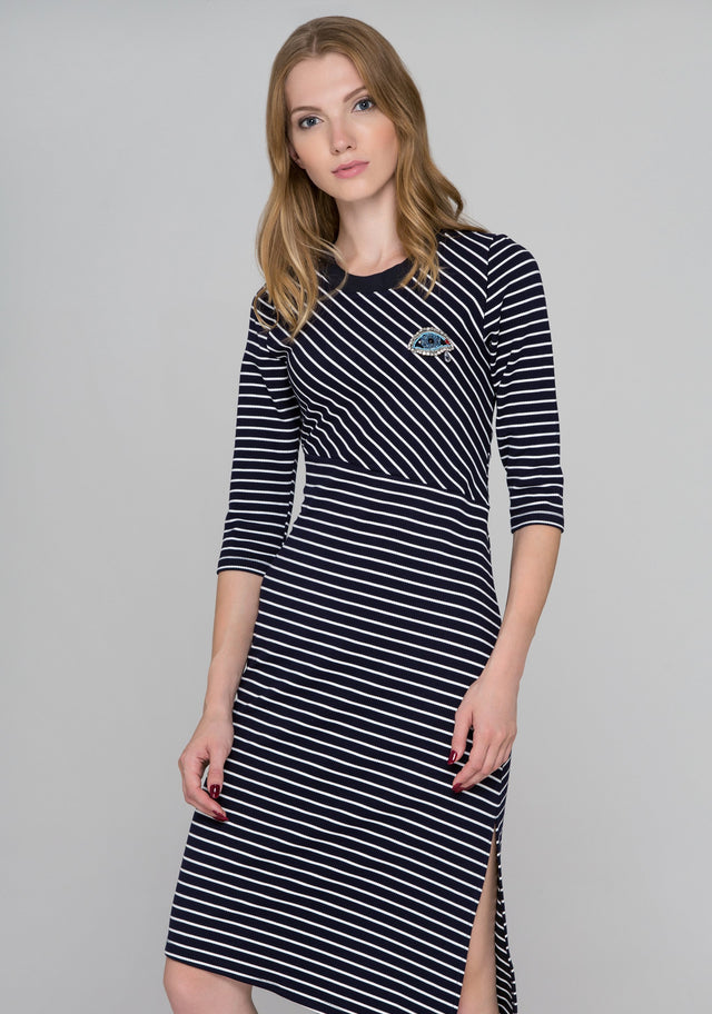 Blue Eyes Asymmetric Striped Midi Dress