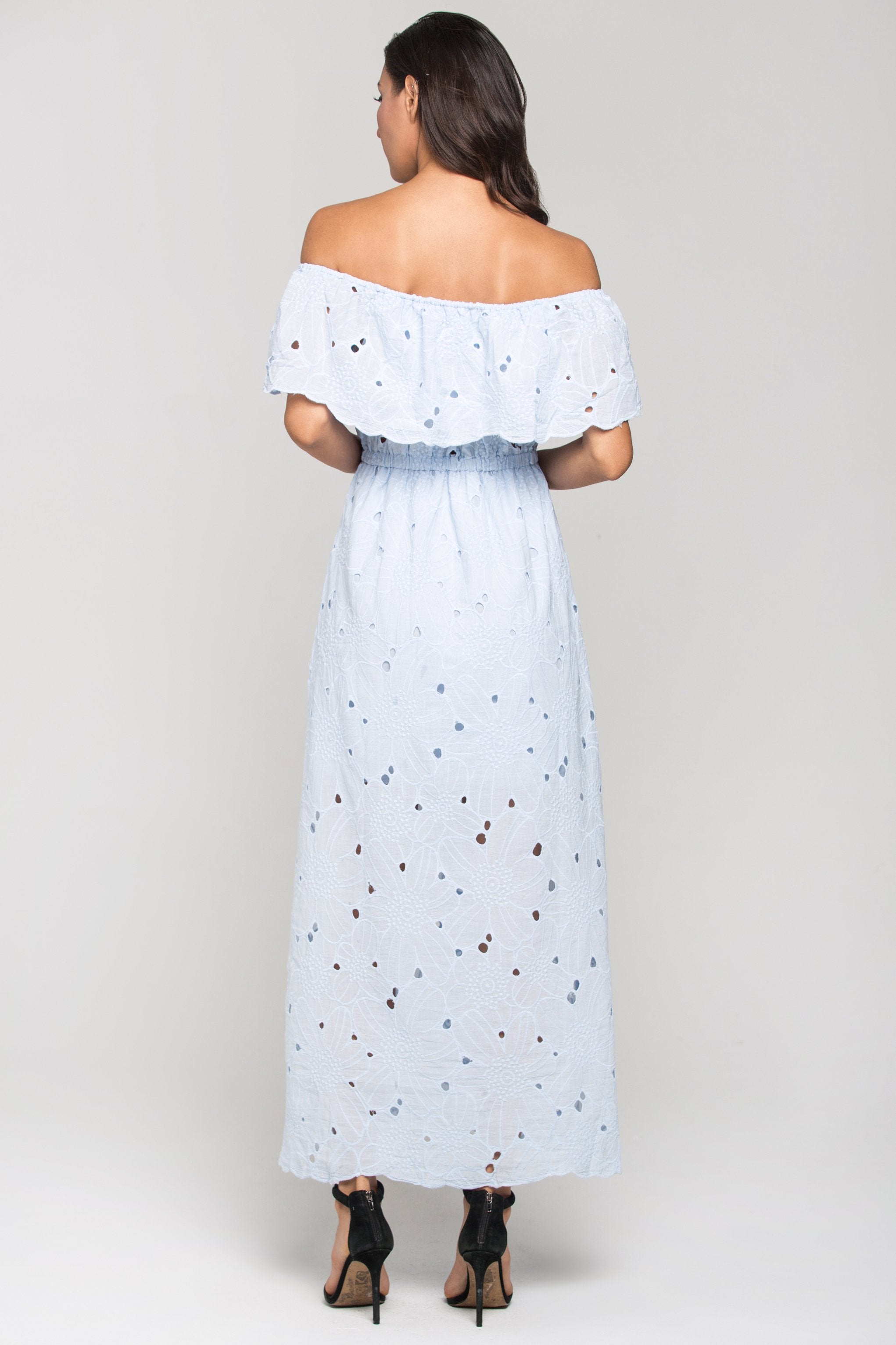 Blue Floral Eyelet Off the Shoulder Midi Dress