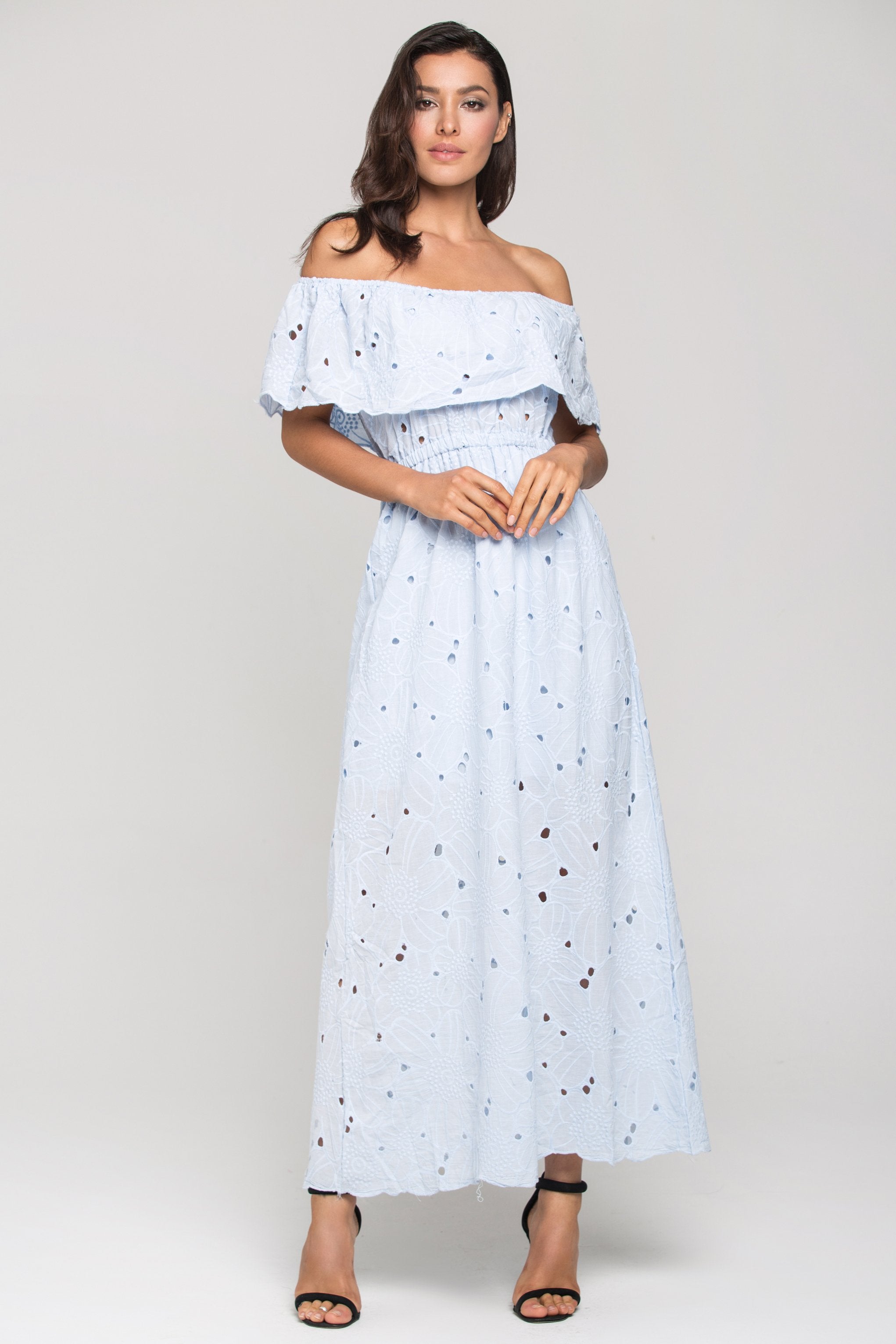 Blue Floral Eyelet Off the Shoulder Midi Dress