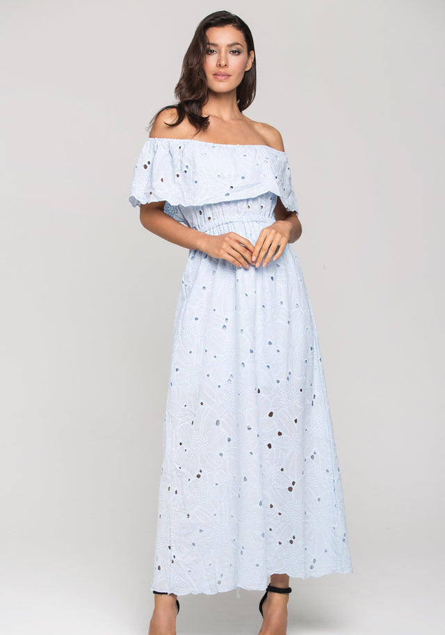 Blue Floral Eyelet Off the Shoulder Midi Dress