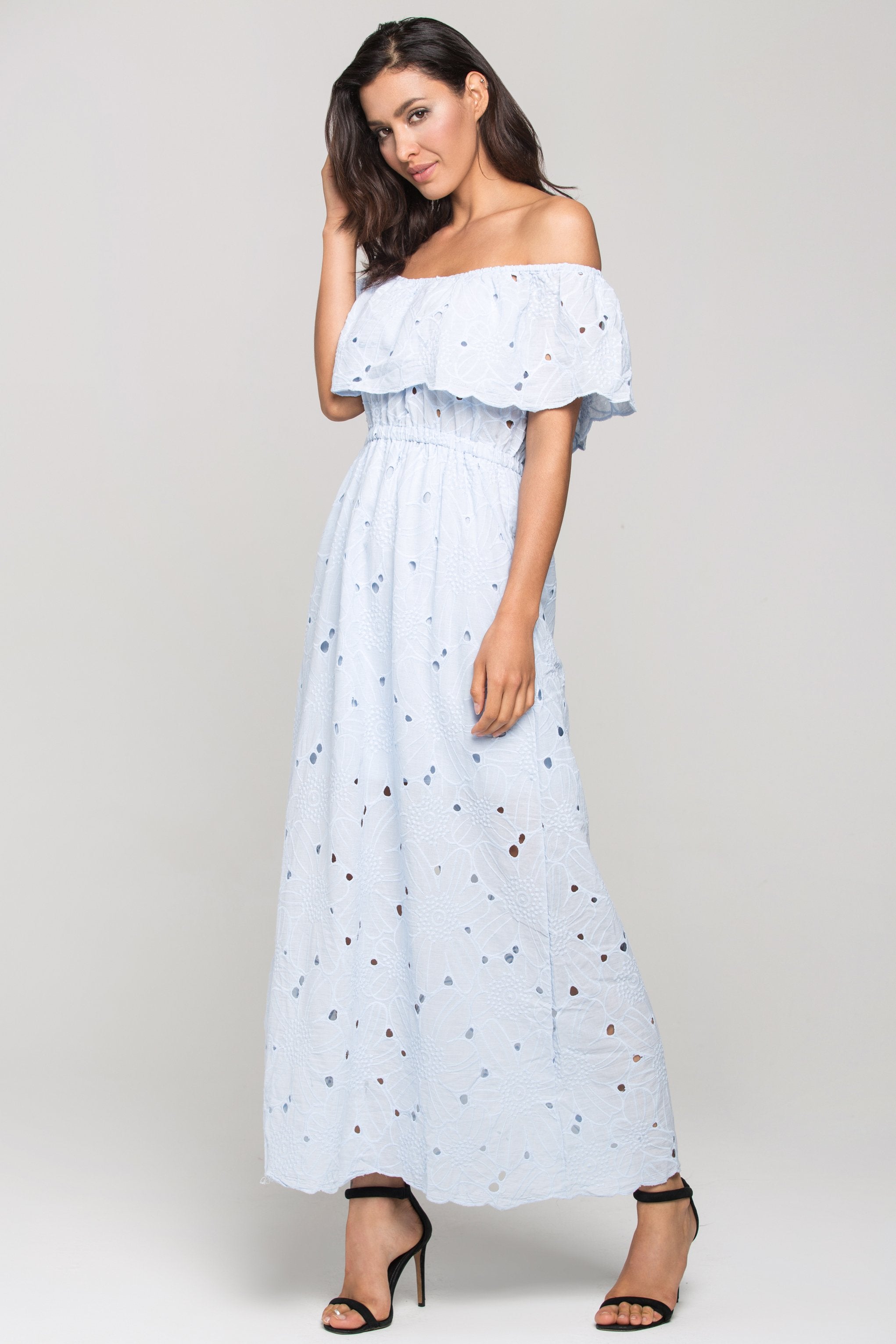 Blue Floral Eyelet Off the Shoulder Midi Dress