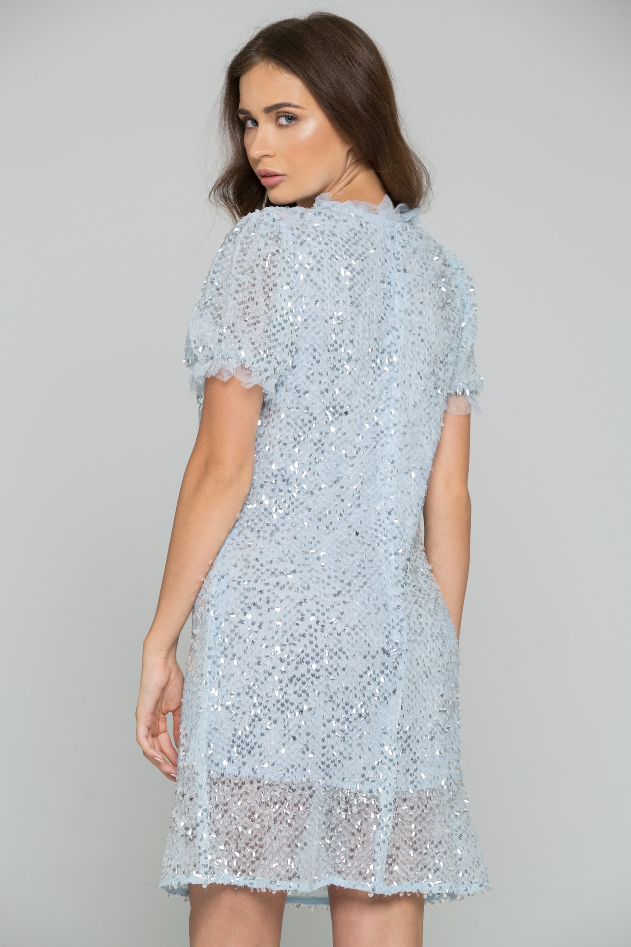 Blue Mesh Sequined and Embellished Mini Dress