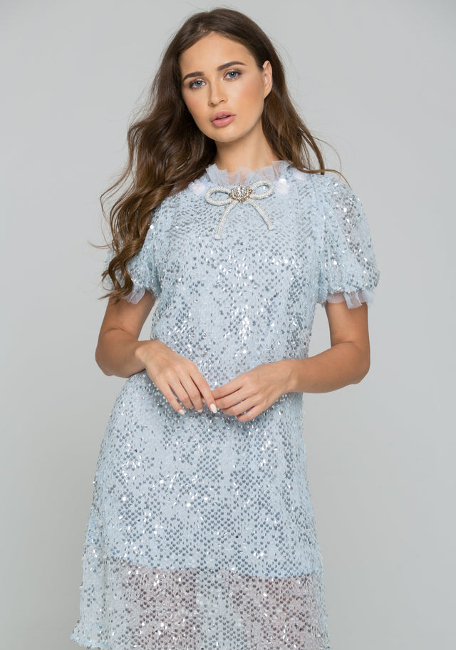 Blue Mesh Sequined and Embellished Mini Dress