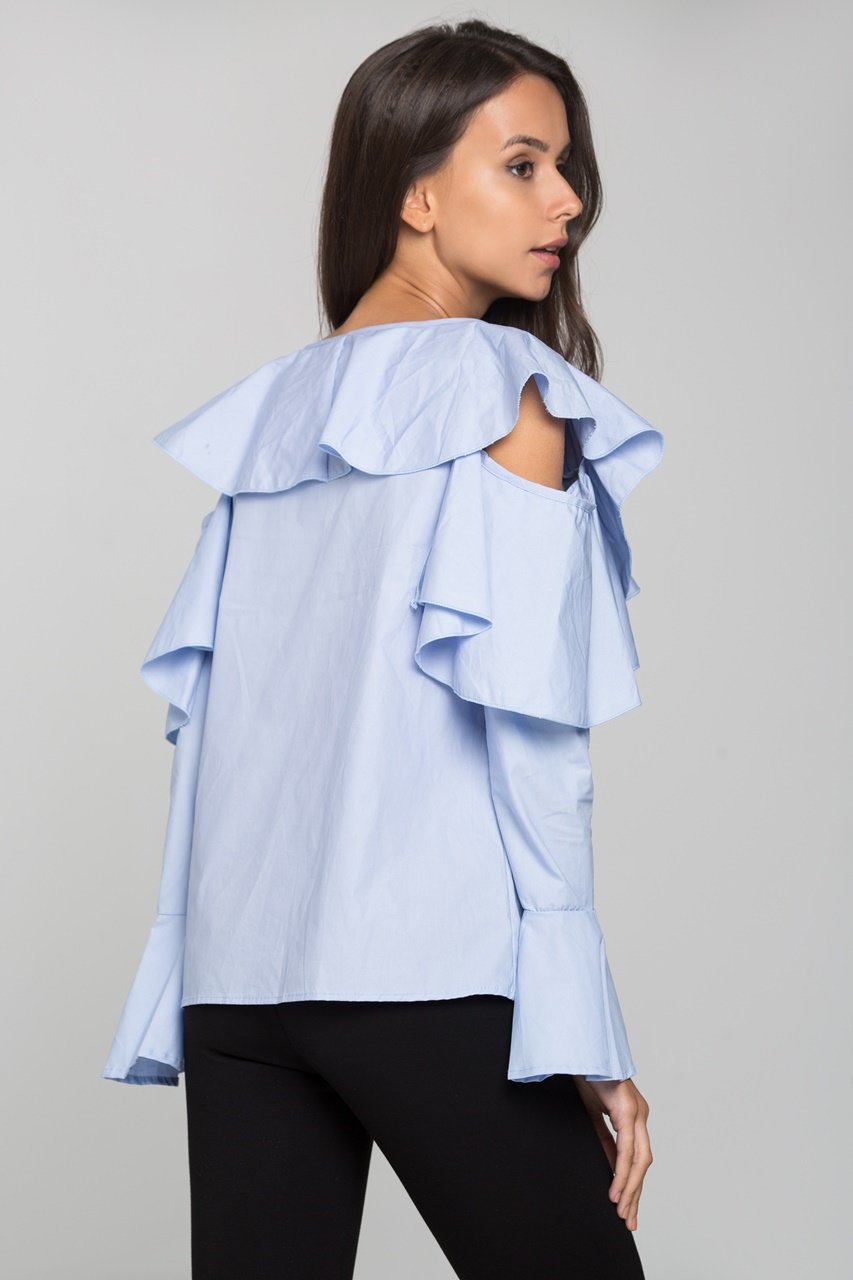Blue Ruffle Sleeved Cold Shoulder Top