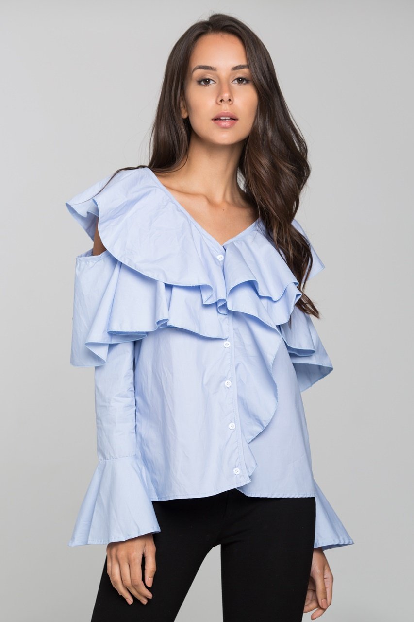 Blue Ruffle Sleeved Cold Shoulder Top
