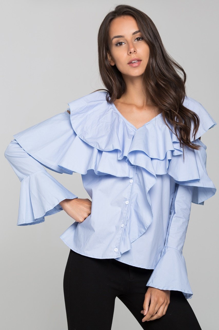 Blue Ruffle Sleeved Cold Shoulder Top