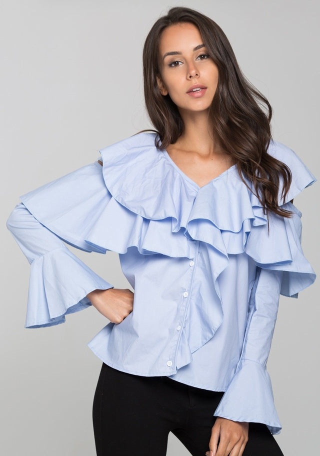 Blue Ruffle Sleeved Cold Shoulder Top