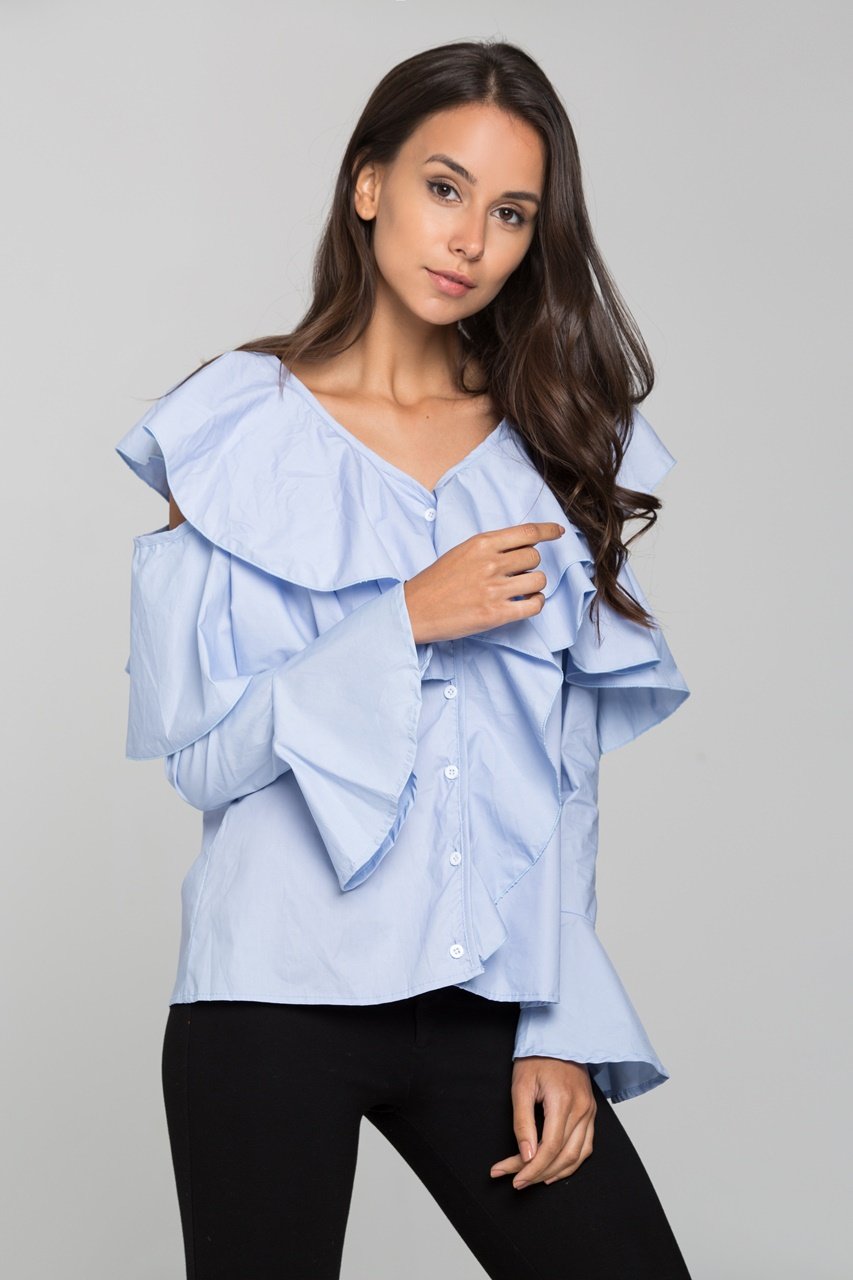 Blue Ruffle Sleeved Cold Shoulder Top