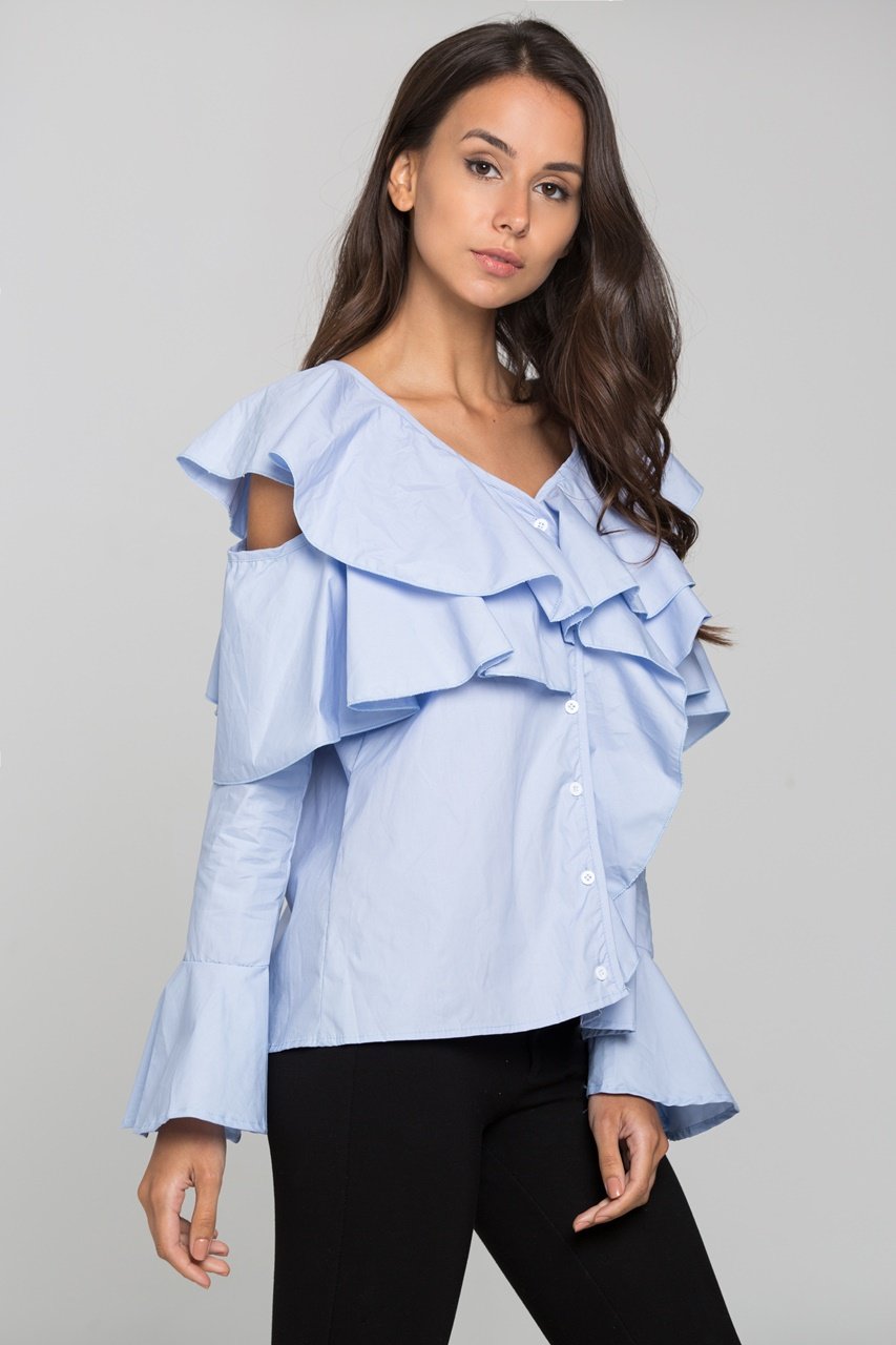 Blue Ruffle Sleeved Cold Shoulder Top