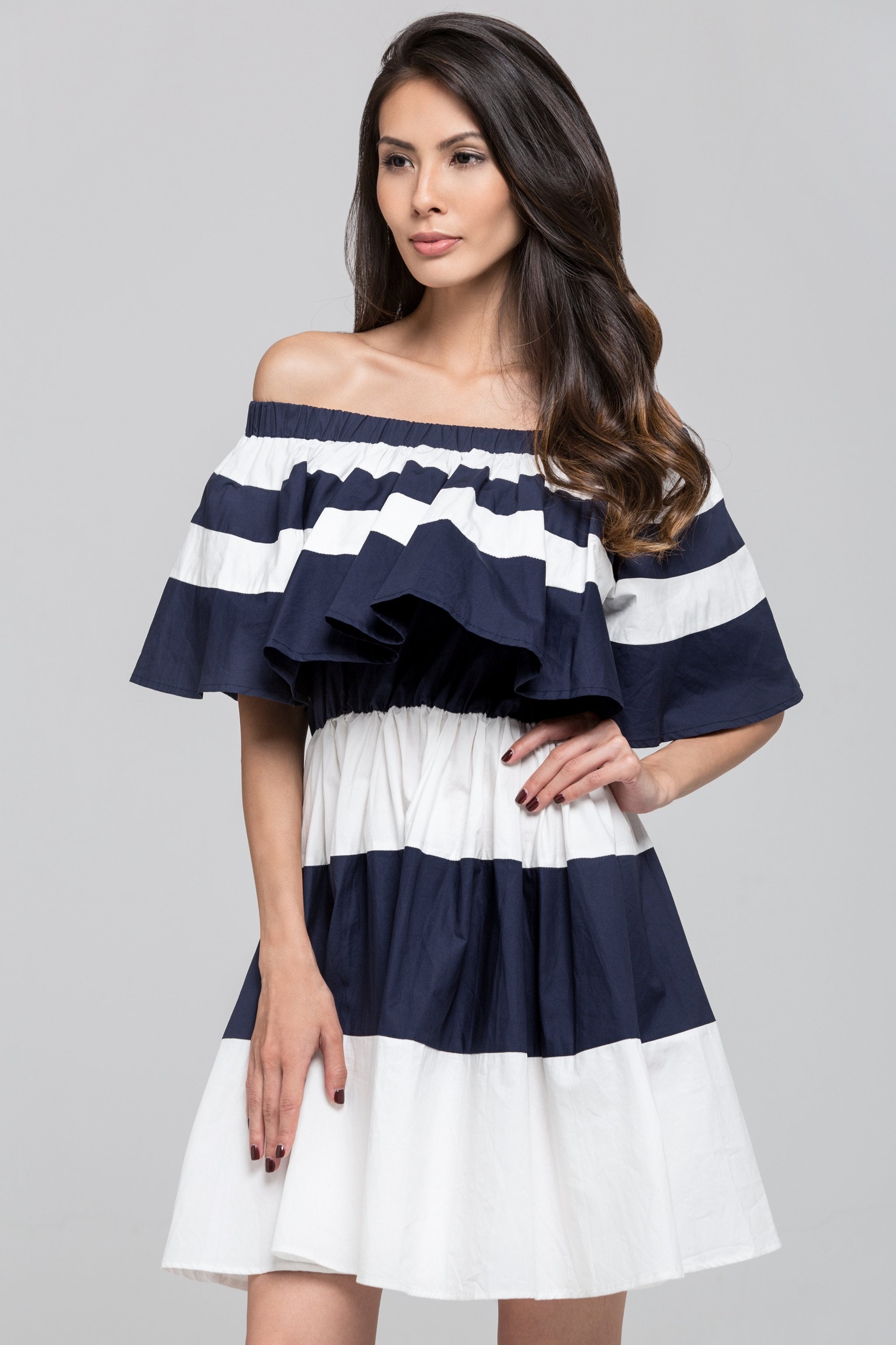 Blue Sailor Ruffled Bardot Mini Dress