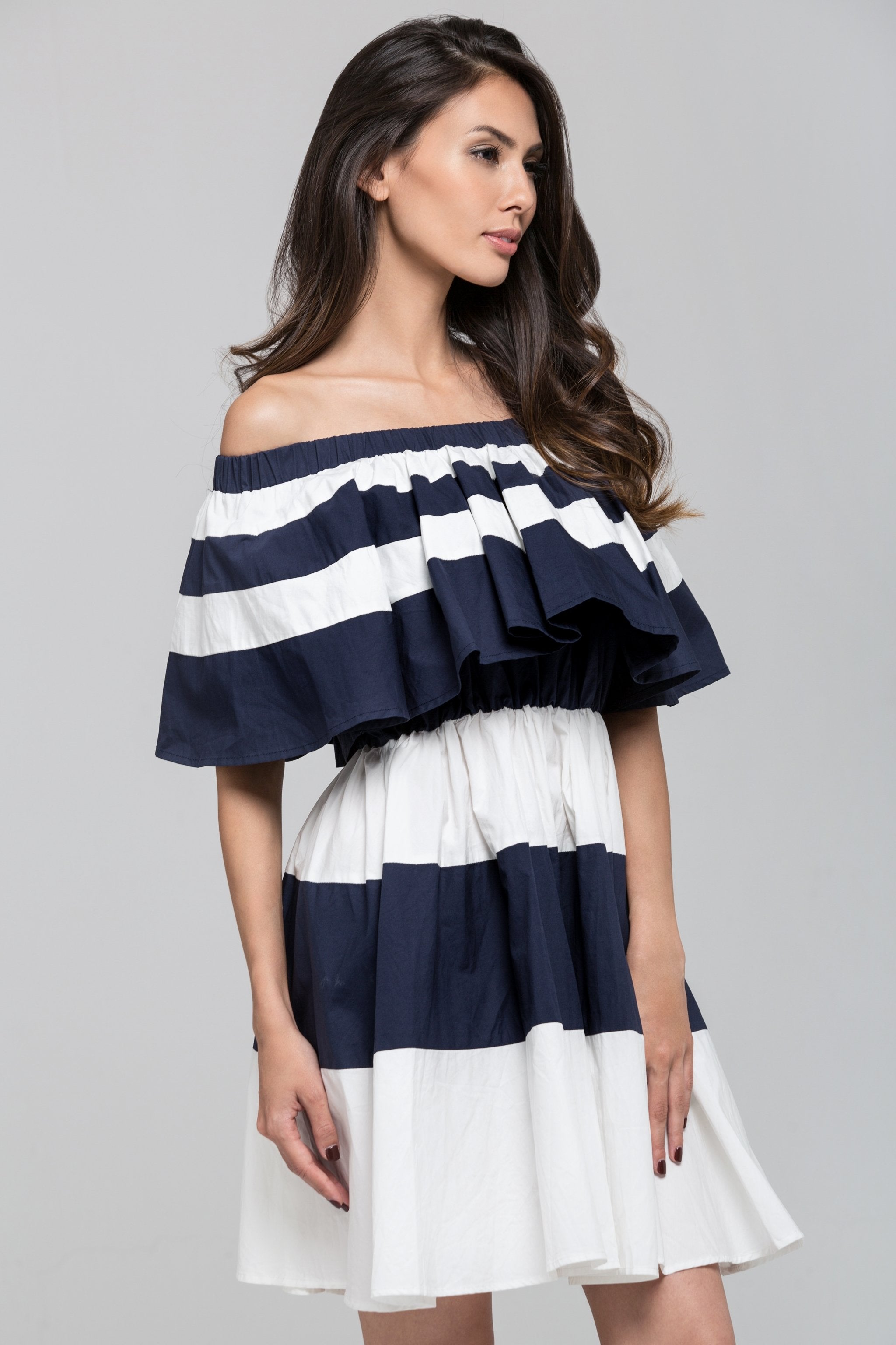 Blue Sailor Ruffled Bardot Mini Dress