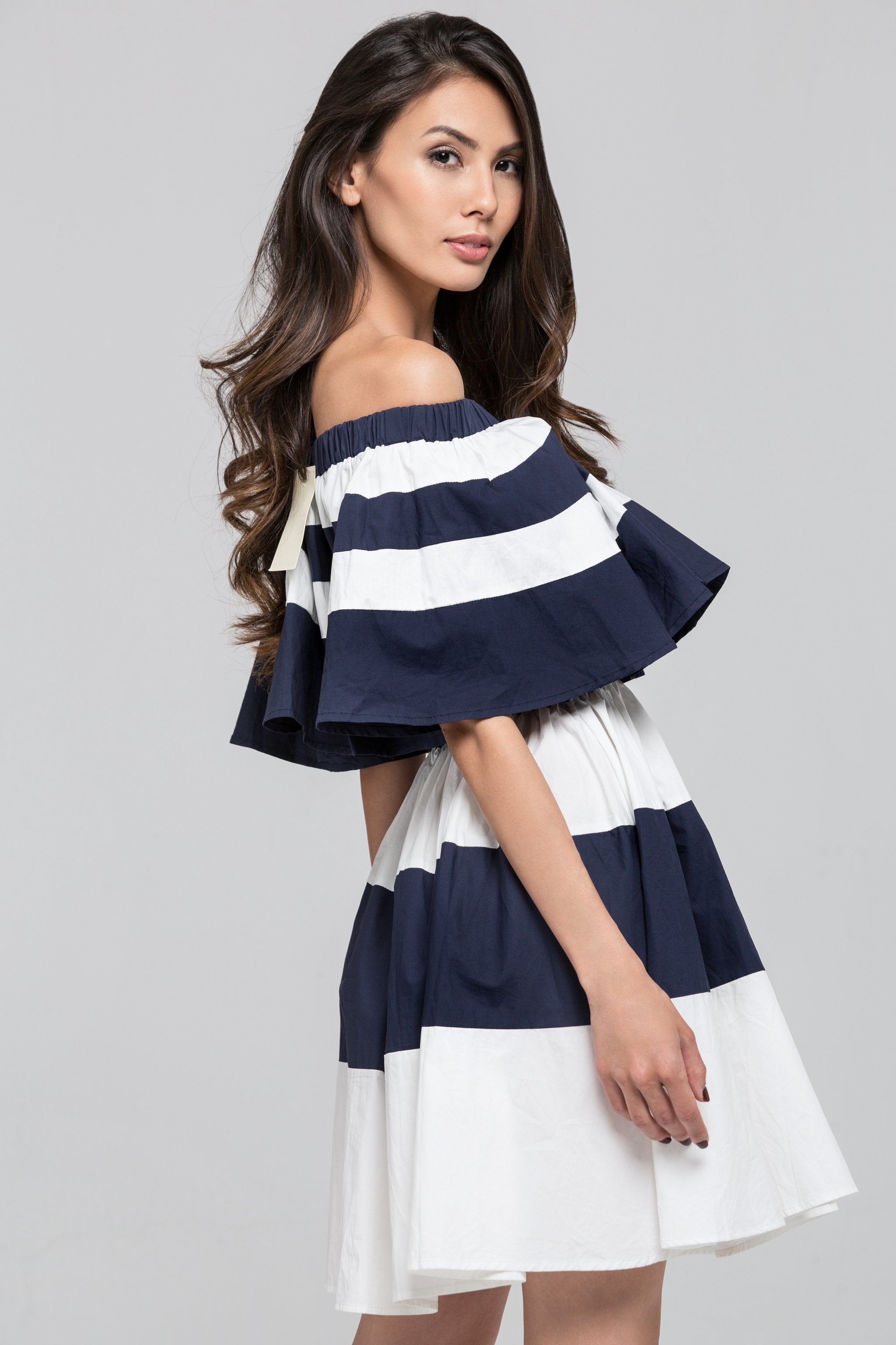 Blue Sailor Ruffled Bardot Mini Dress