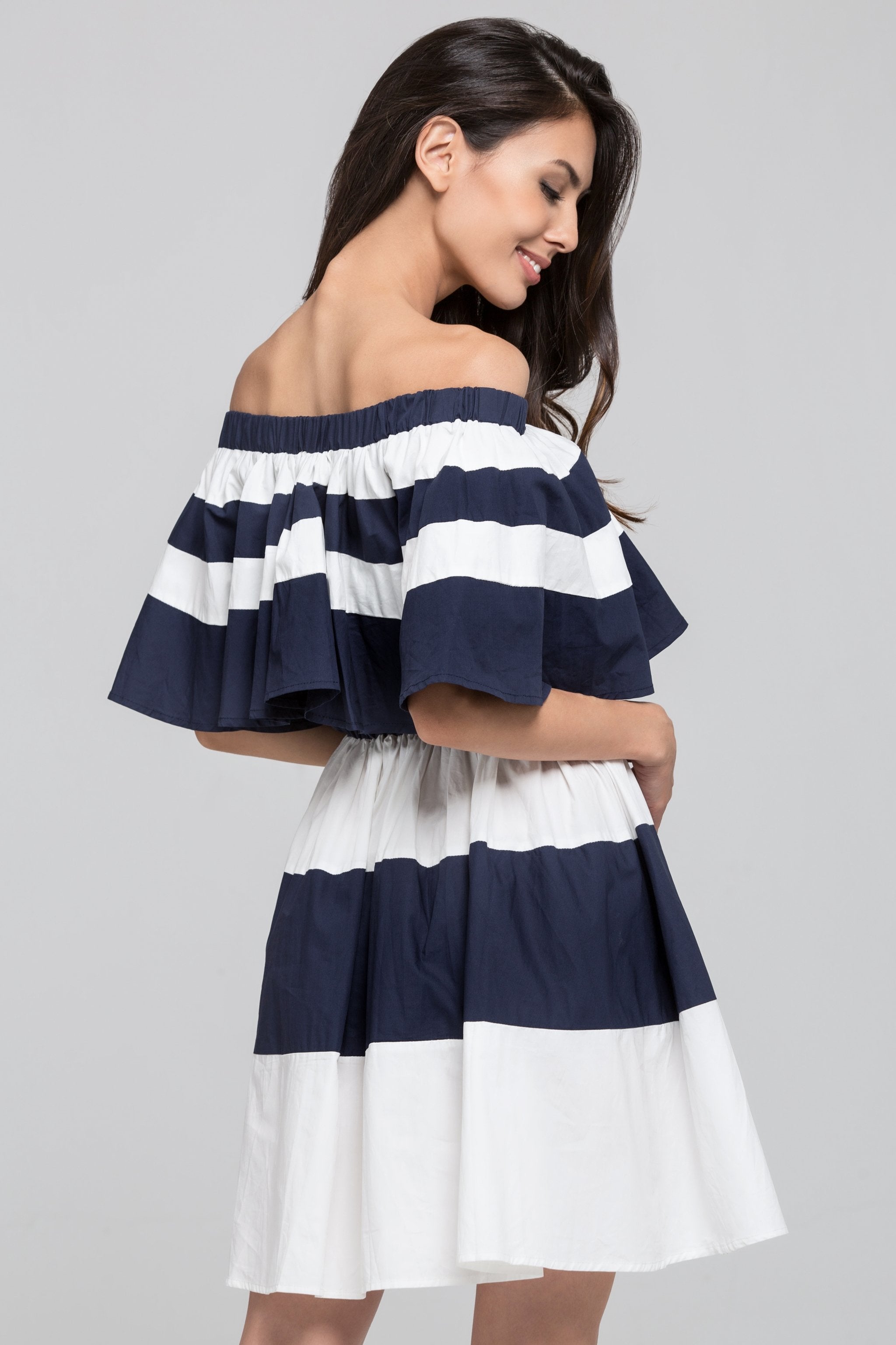 Blue Sailor Ruffled Bardot Mini Dress