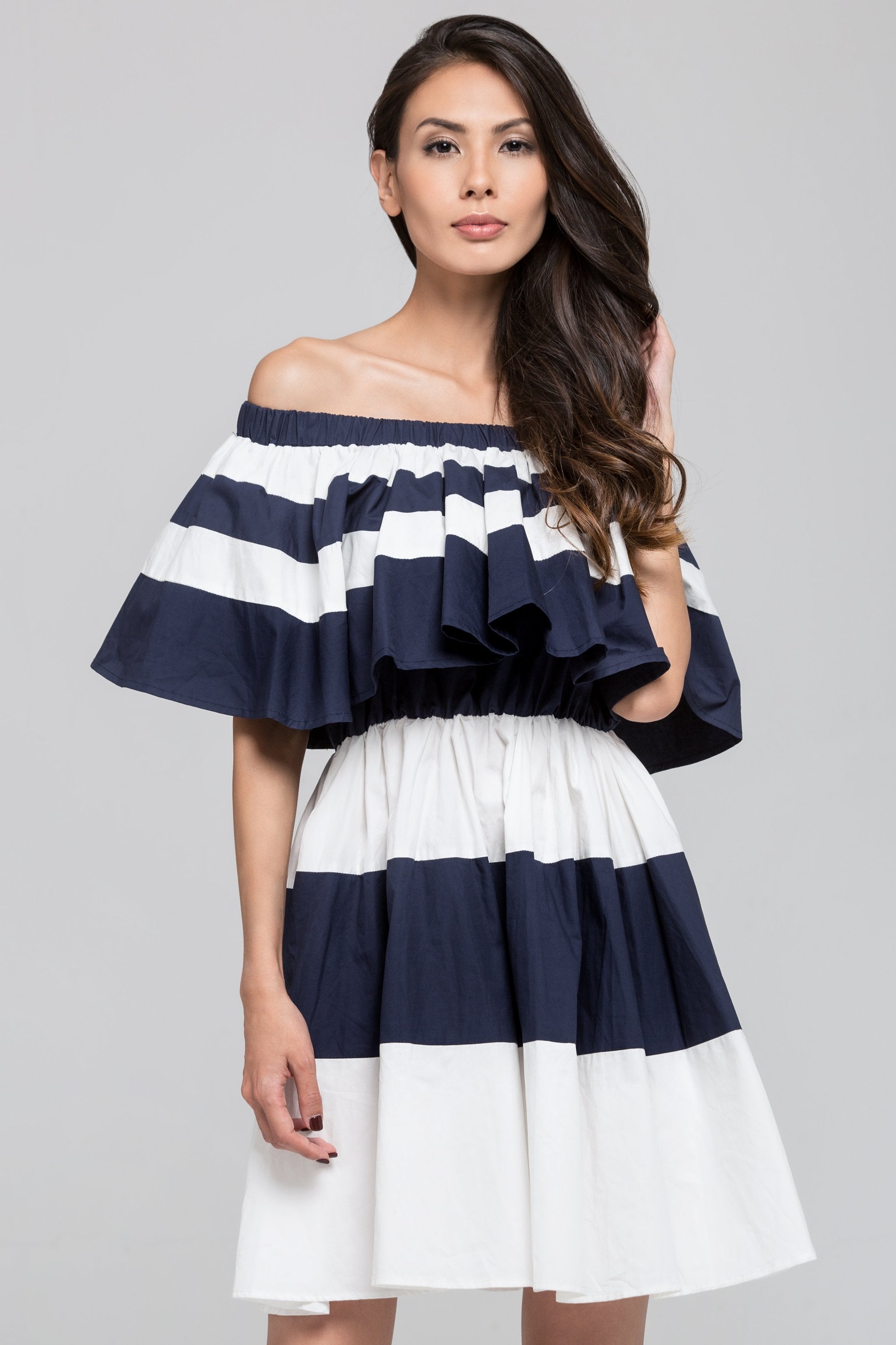 Blue Sailor Ruffled Bardot Mini Dress
