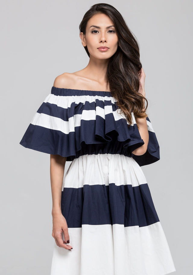 Blue Sailor Ruffled Bardot Mini Dress