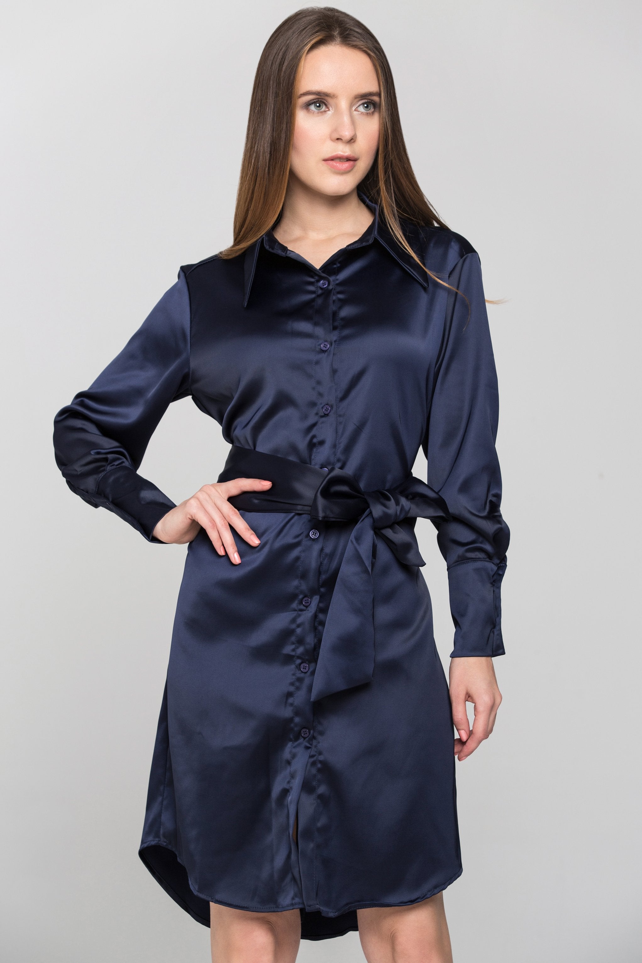 Blue Silk Tie Waist Shirt Midi Dress