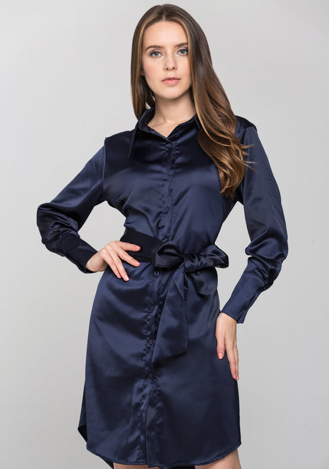 Blue Silk Tie Waist Shirt Midi Dress