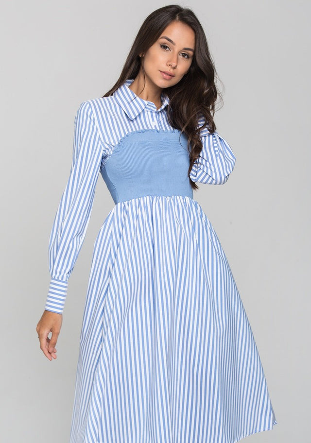 Blue Stripe Knit Panel Midi Shirt Dress