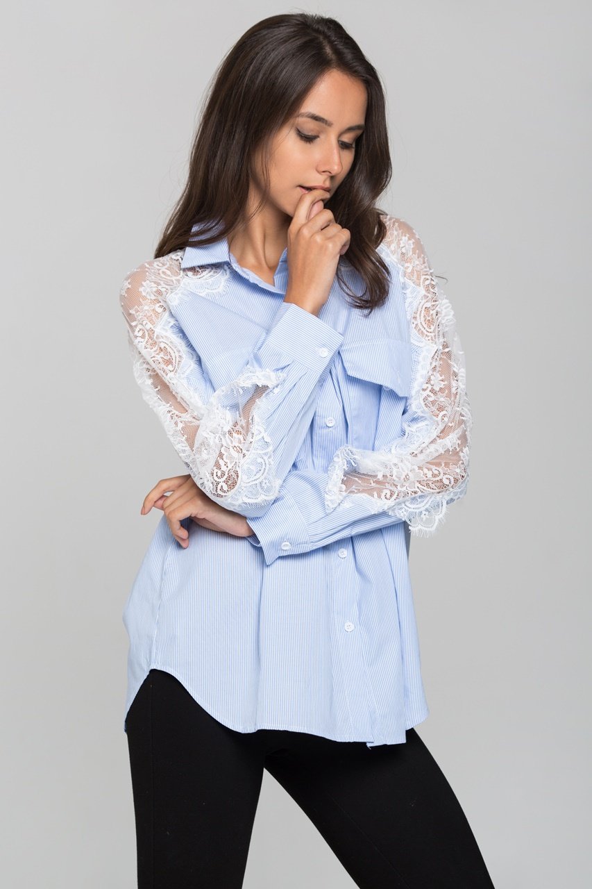 Blue Stripe and Lace Shoulder Button Up Top