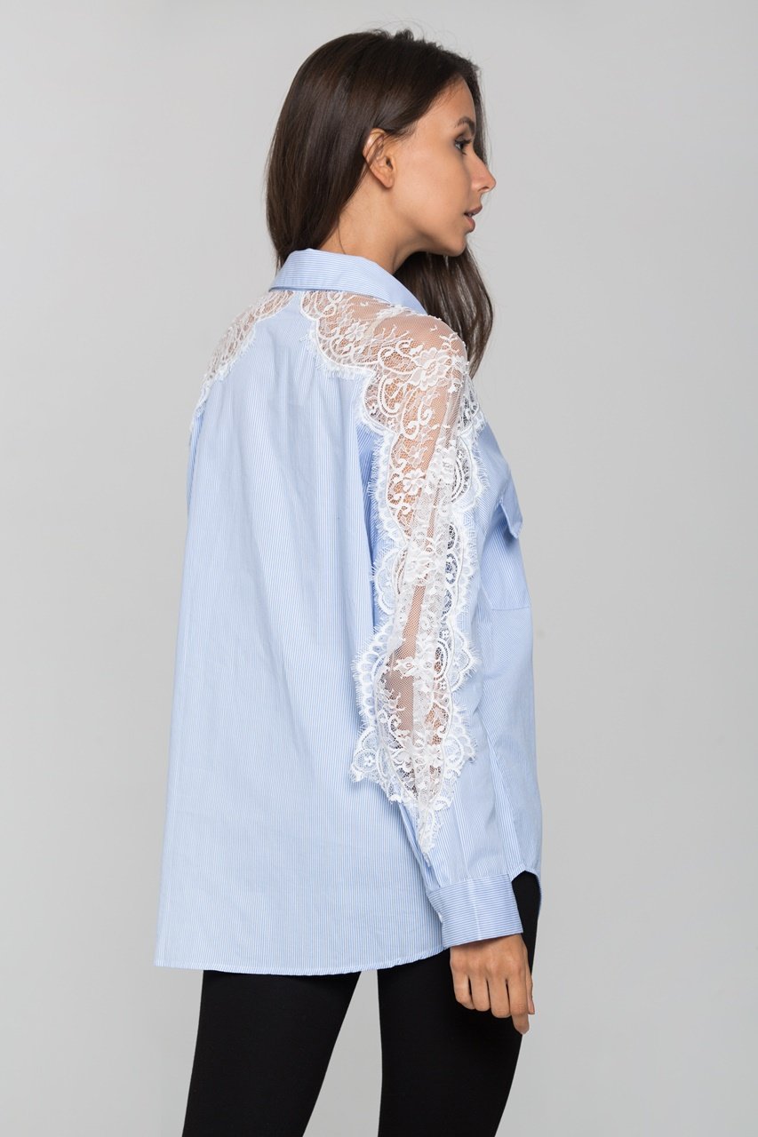 Blue Stripe and Lace Shoulder Button Up Top