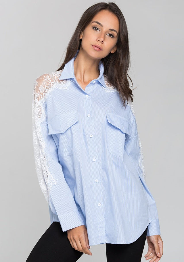 Blue Stripe and Lace Shoulder Button Up Top