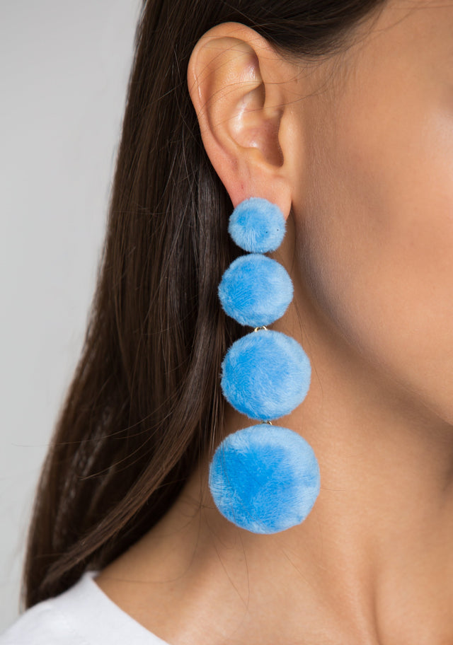 Blue Tiered Fur Button Earrings