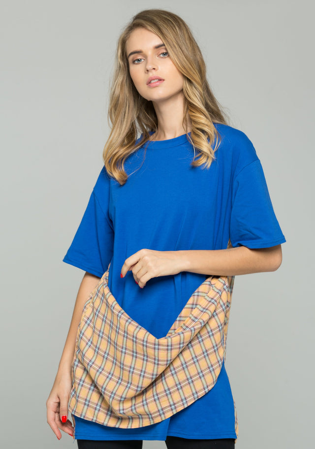 Blue Wide Shoulder Wrap-Around Plaid Scarf  T-Shirt