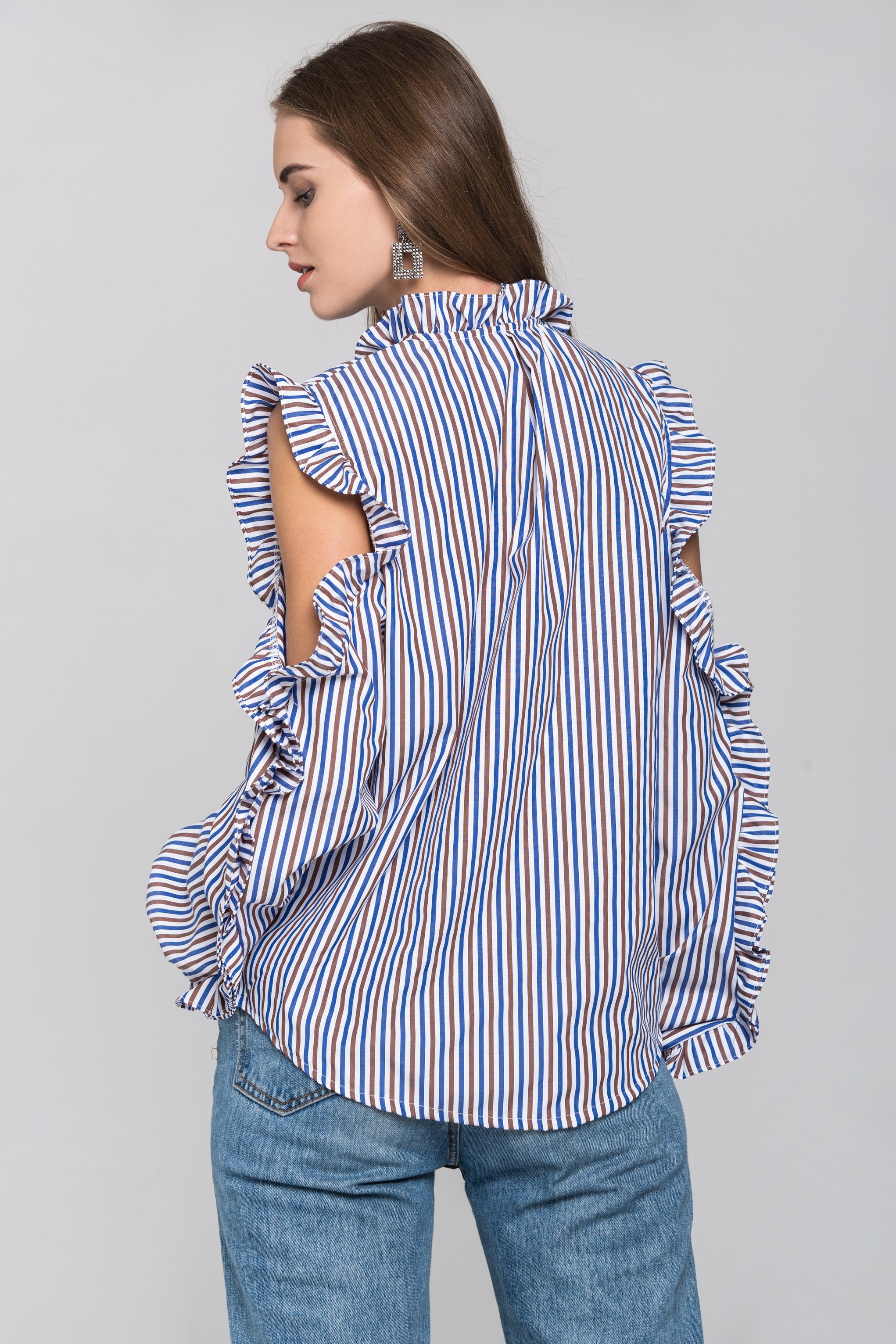Blue and Brown Stripe Ruffled Cold Shoulder Top