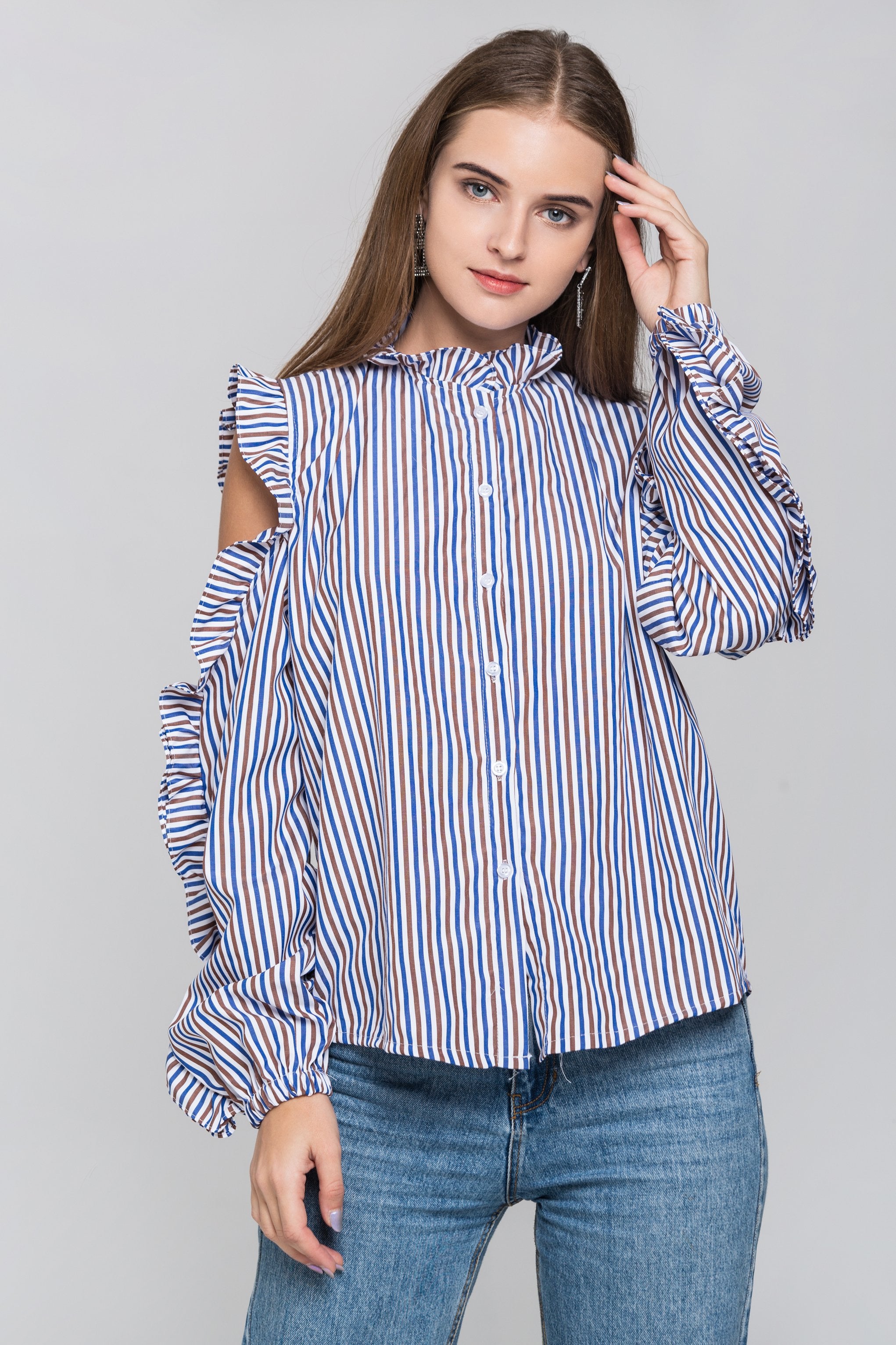 Blue and Brown Stripe Ruffled Cold Shoulder Top