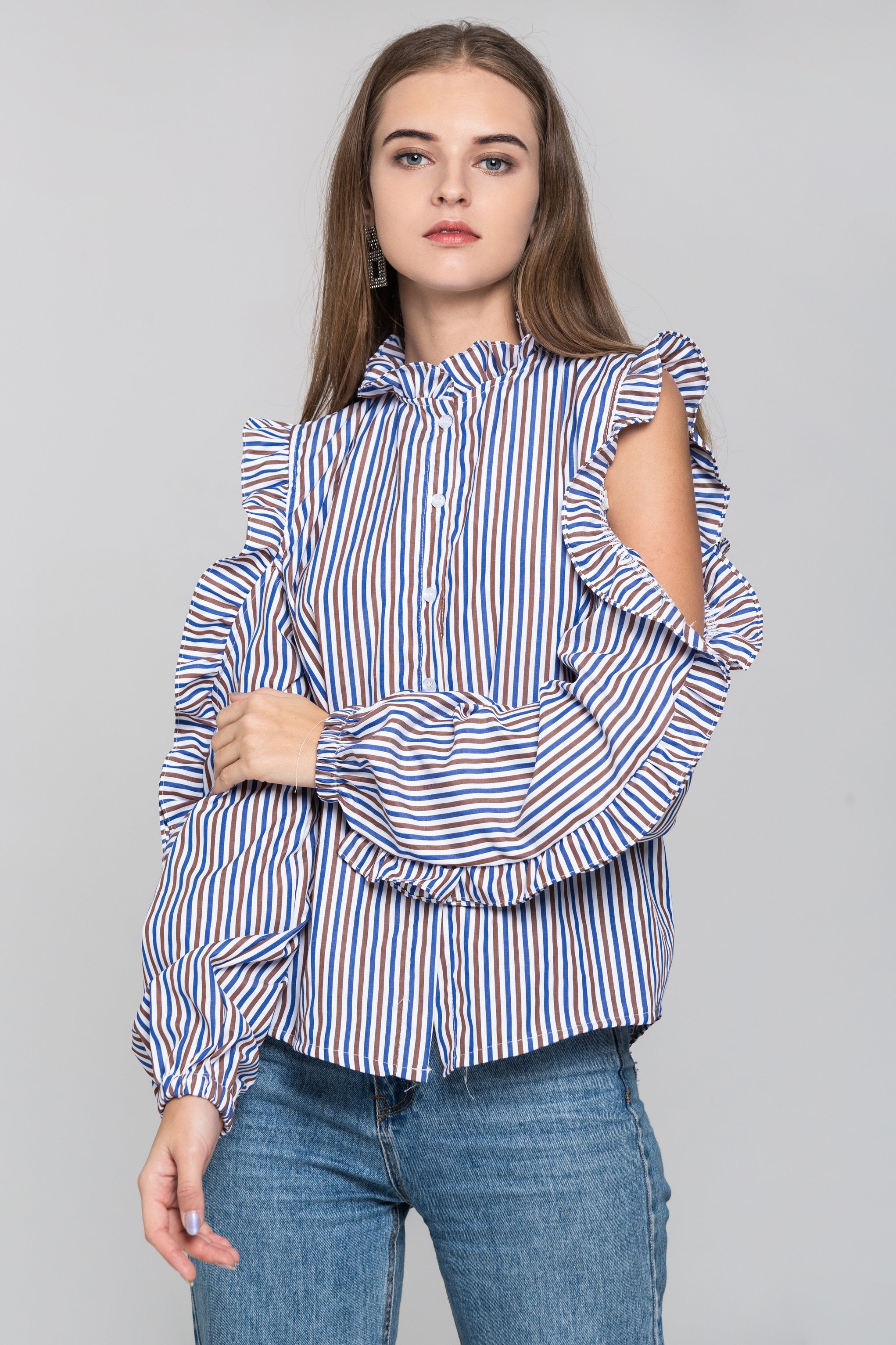 Blue and Brown Stripe Ruffled Cold Shoulder Top