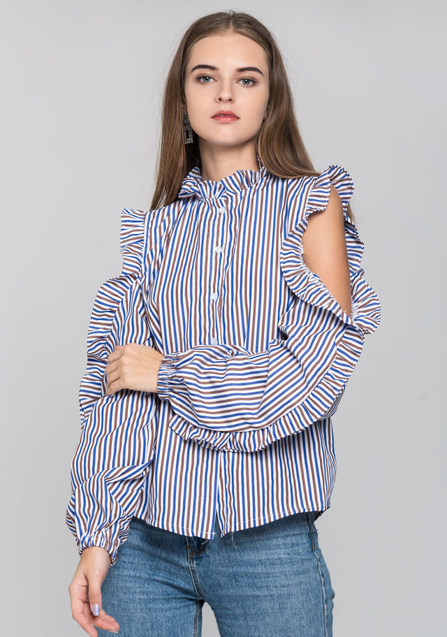 Blue and Brown Stripe Ruffled Cold Shoulder Top
