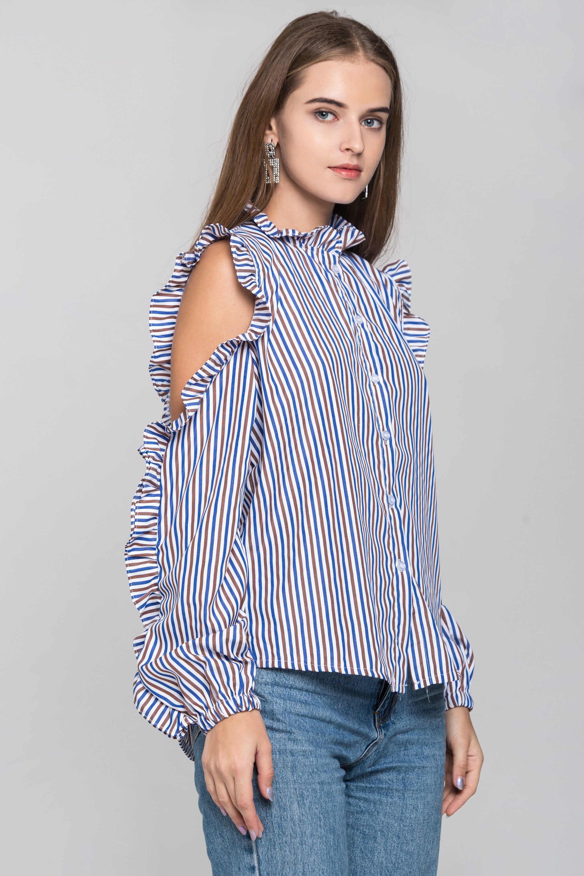 Blue and Brown Stripe Ruffled Cold Shoulder Top