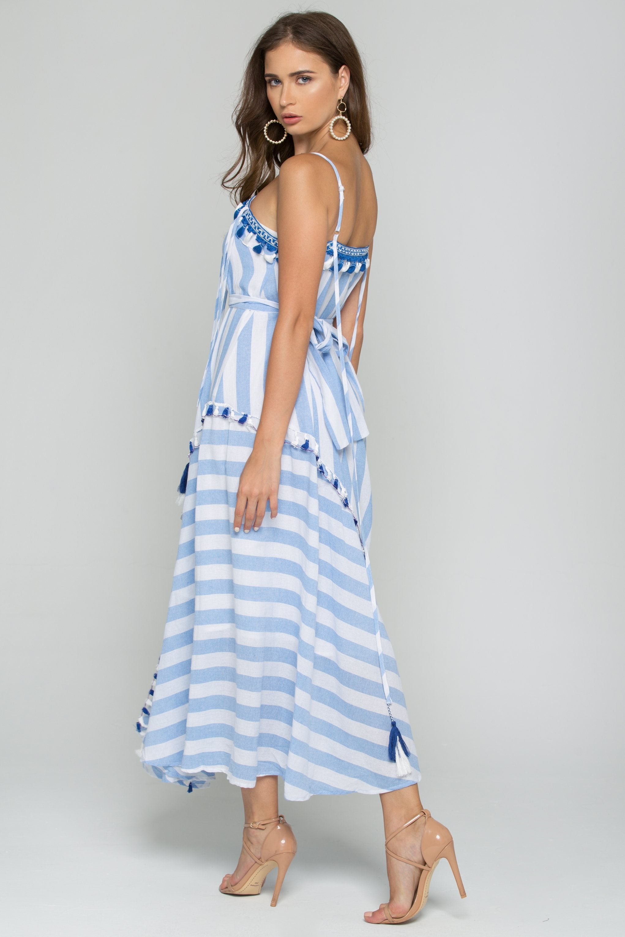 Blue and White Asymmetrical Striped Tassel and Embroidered Detail Maxi Dress