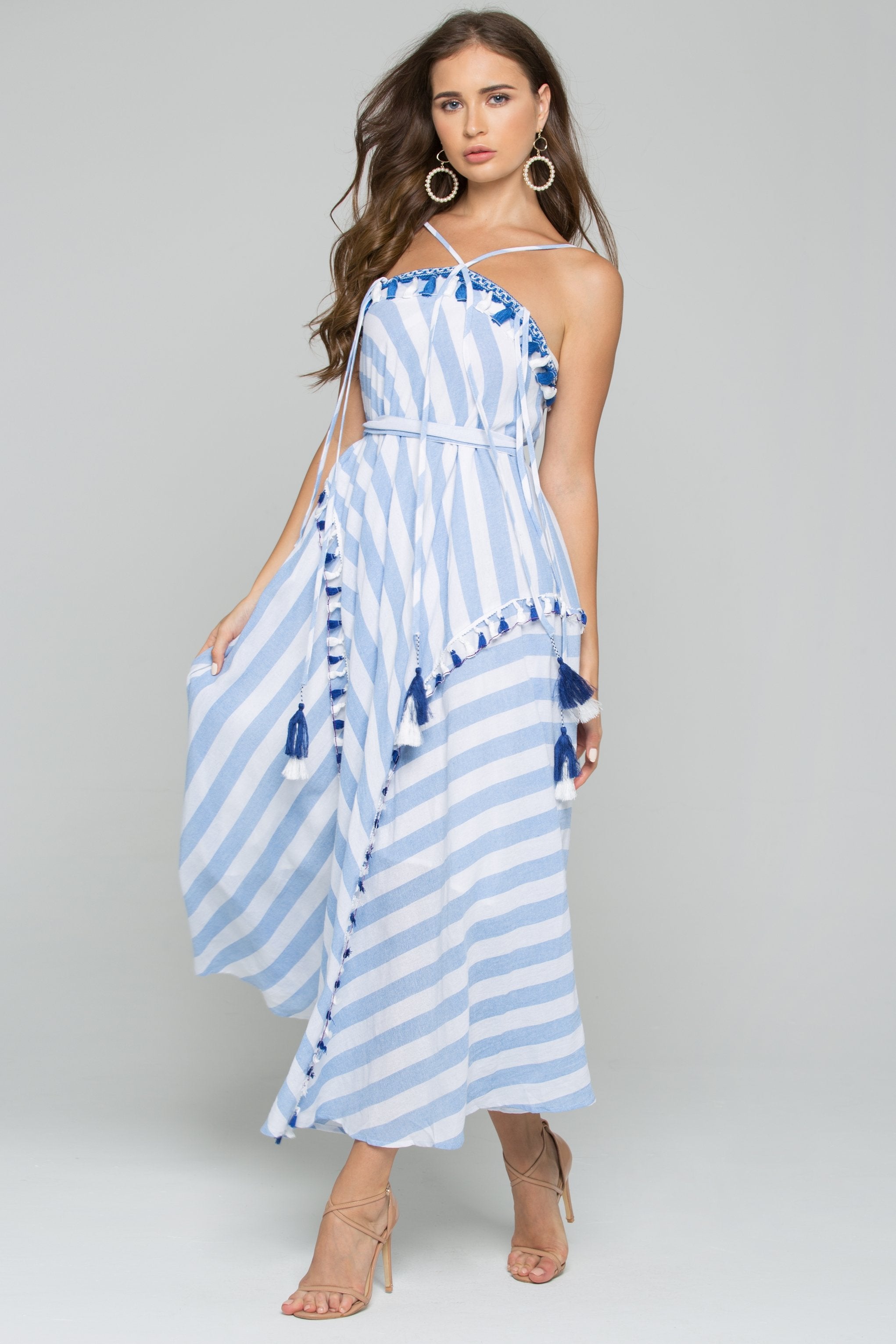 Blue and White Asymmetrical Striped Tassel and Embroidered Detail Maxi Dress