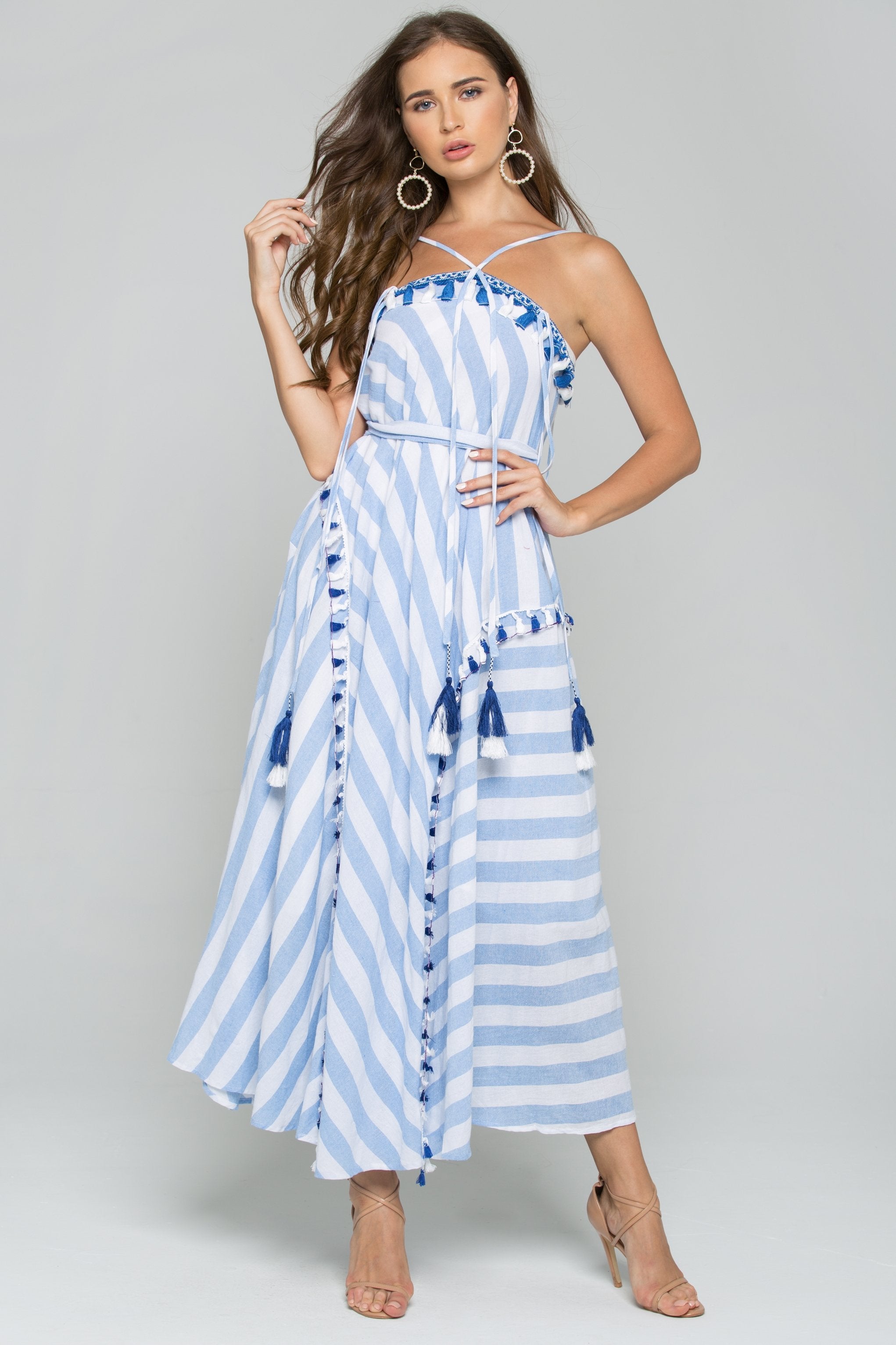 Blue and White Asymmetrical Striped Tassel and Embroidered Detail Maxi Dress