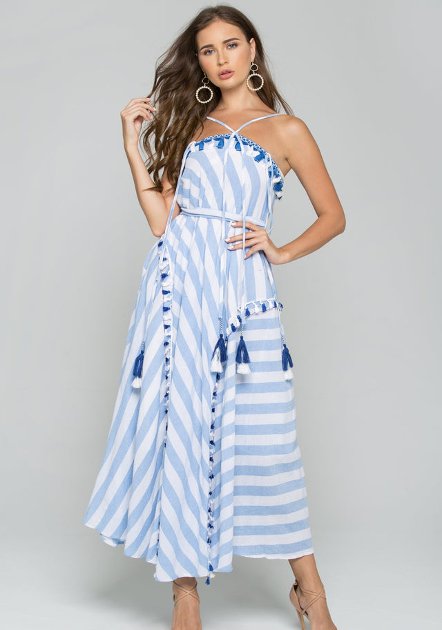 Blue and White Asymmetrical Striped Tassel and Embroidered Detail Maxi Dress