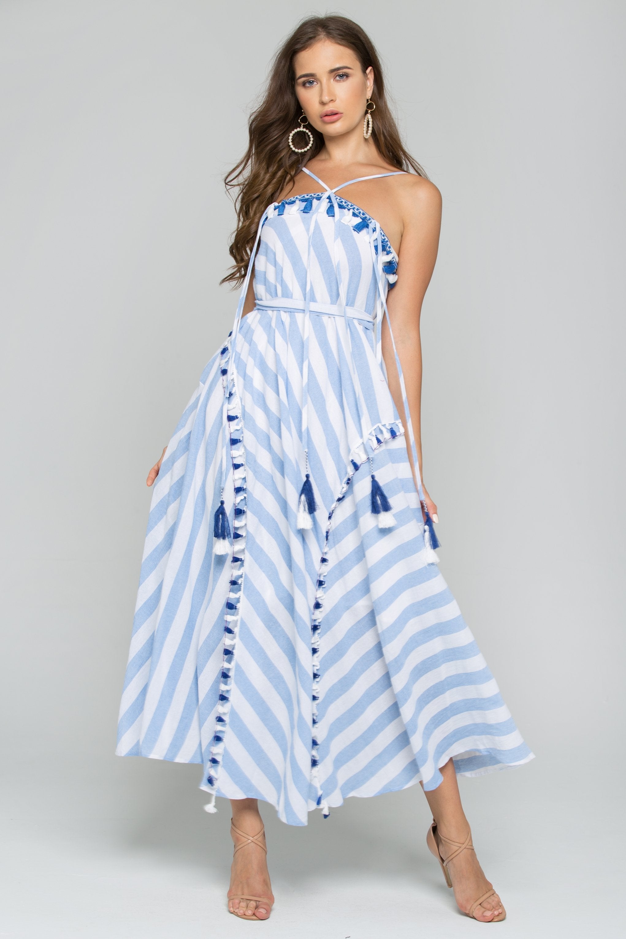 Blue and White Asymmetrical Striped Tassel and Embroidered Detail Maxi Dress